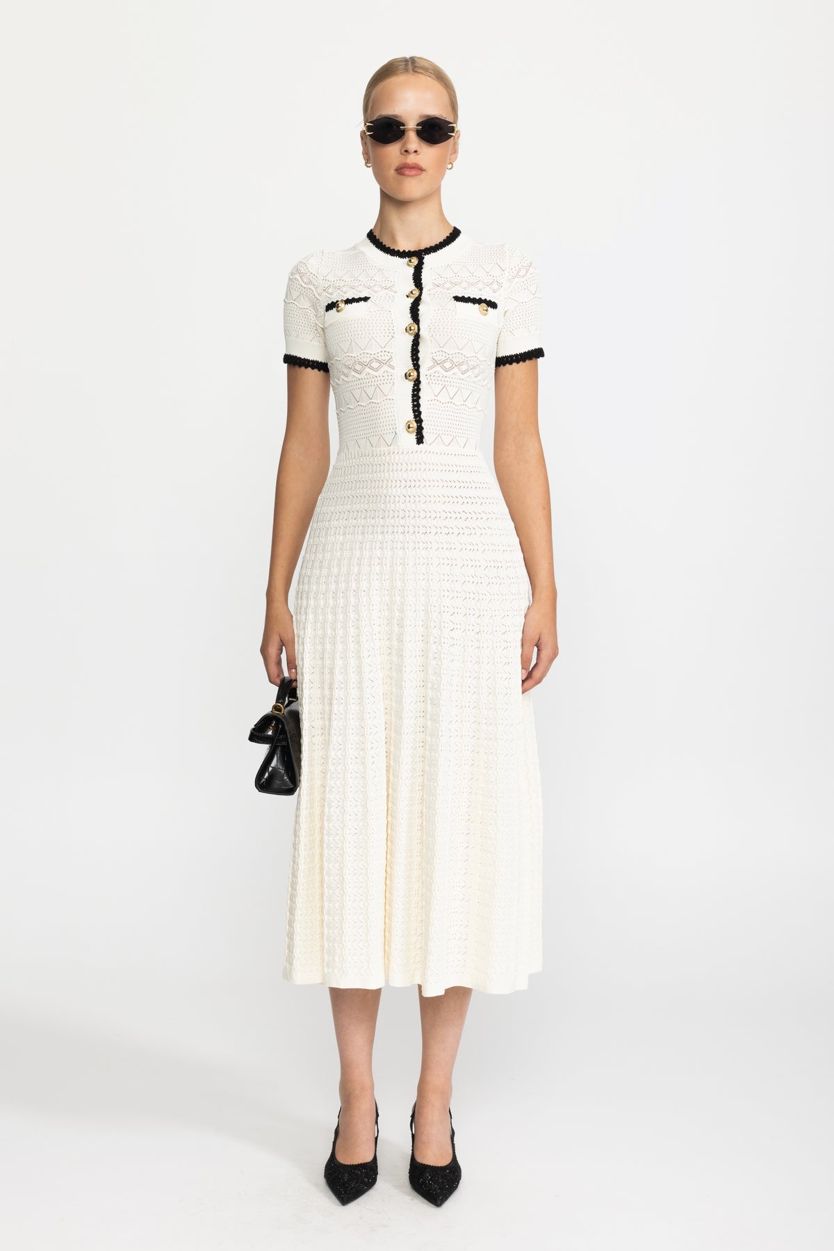Robe midi ceinturée en maille pointelle - Ivoire