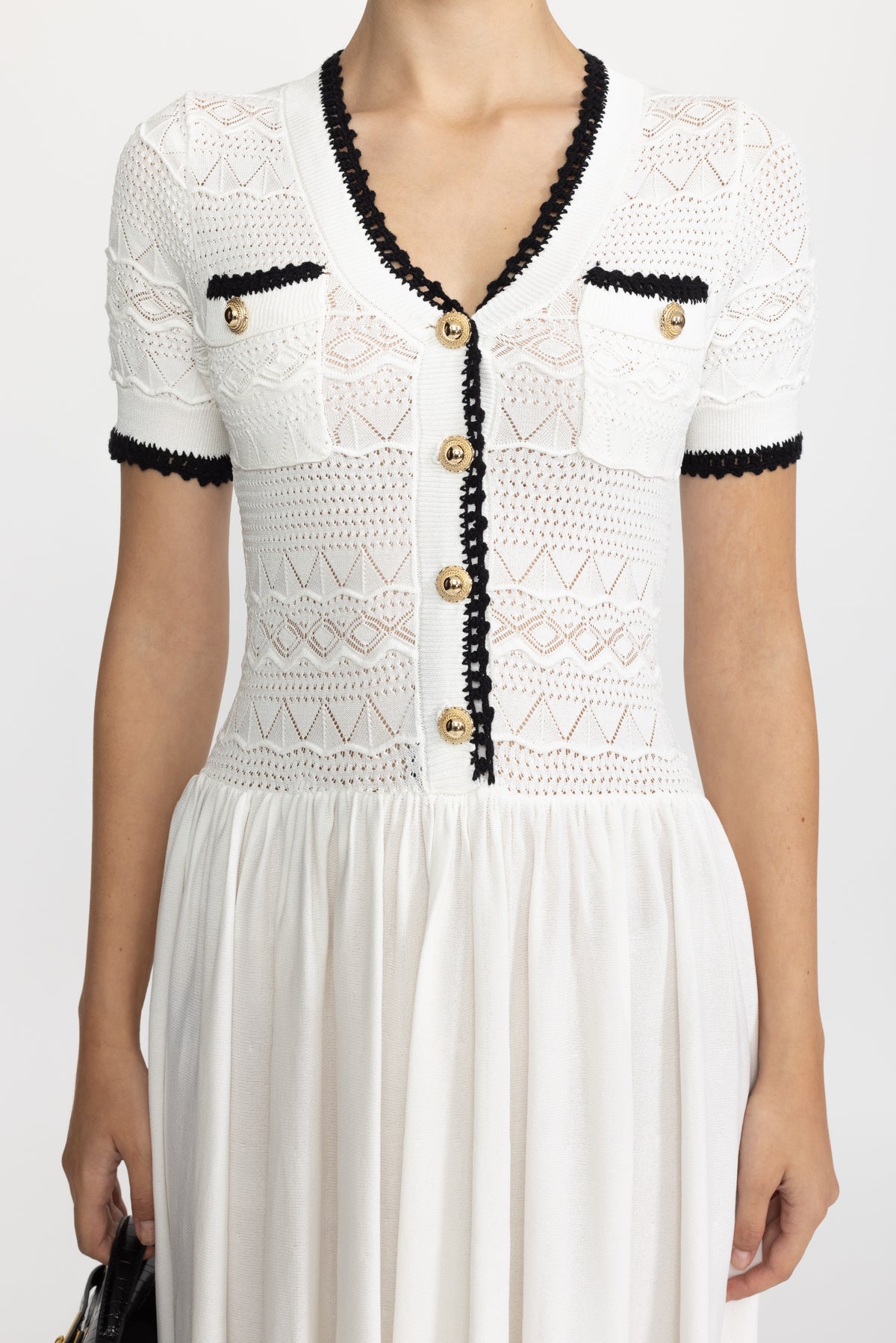 Robe longue ceinturée à corsage en maille pointelle - Blanc