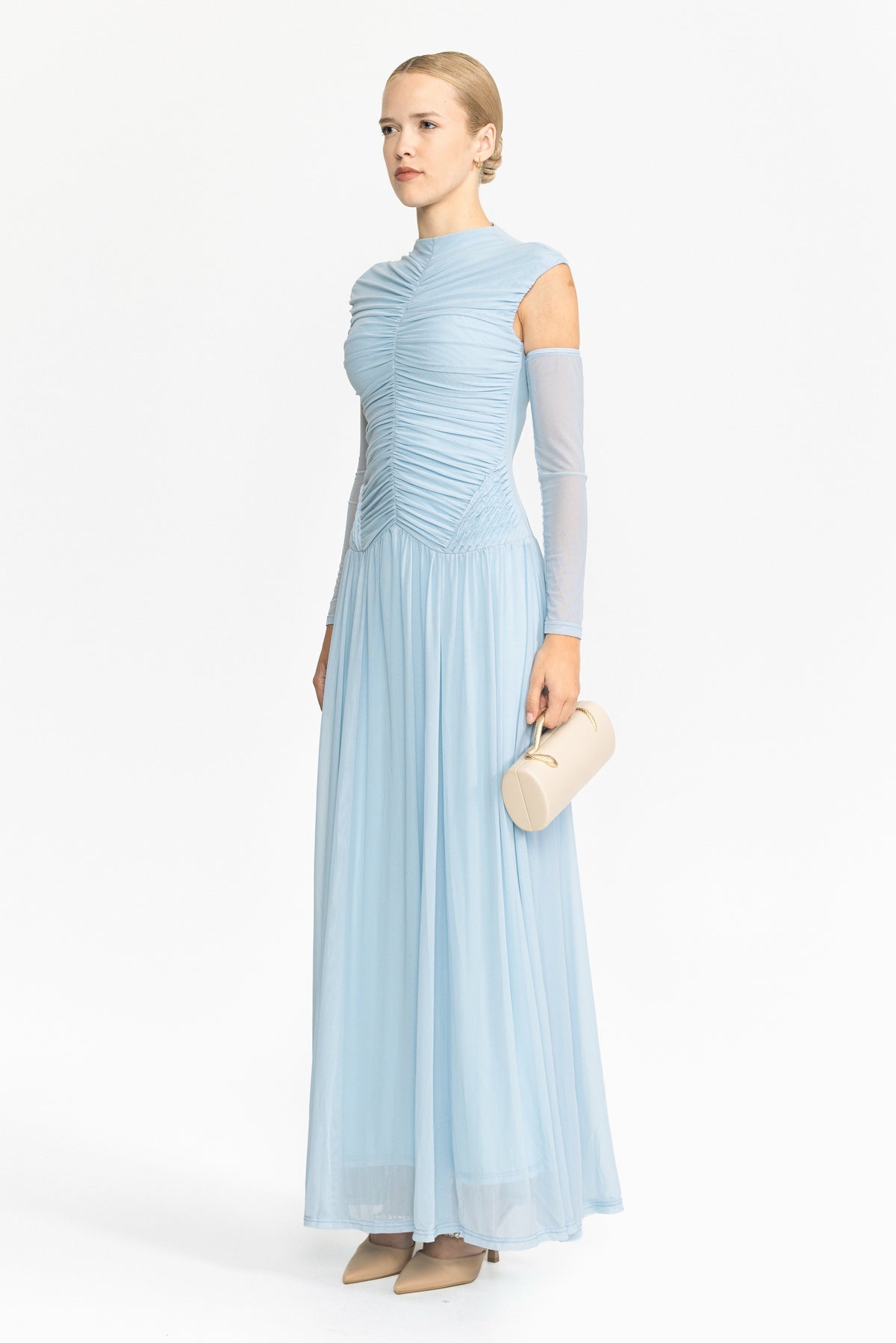 Ruched Mesh Drop Waist Maxi Dress - Sky Blue