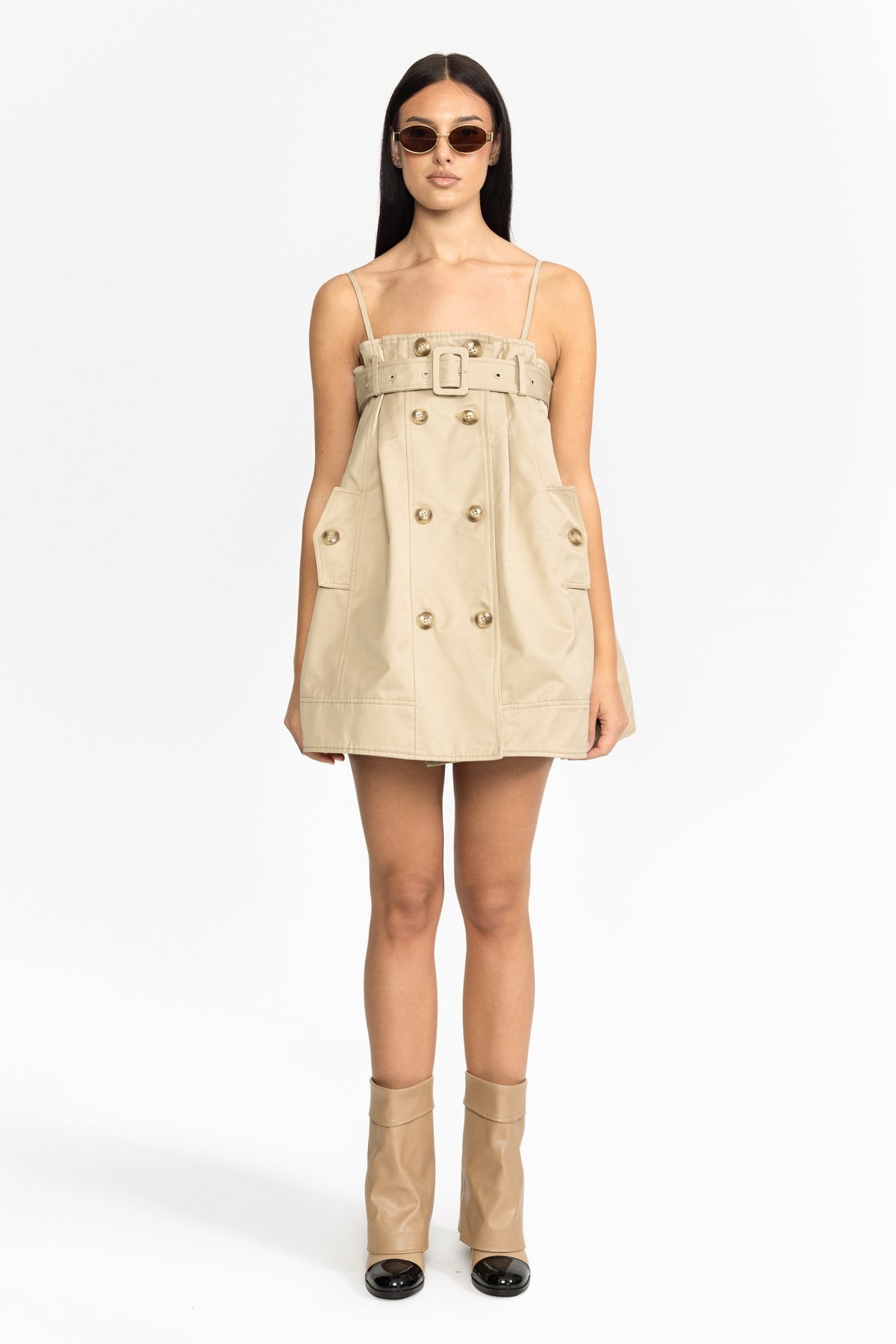 Belted Trench Babydoll Mini Dress - Khaki