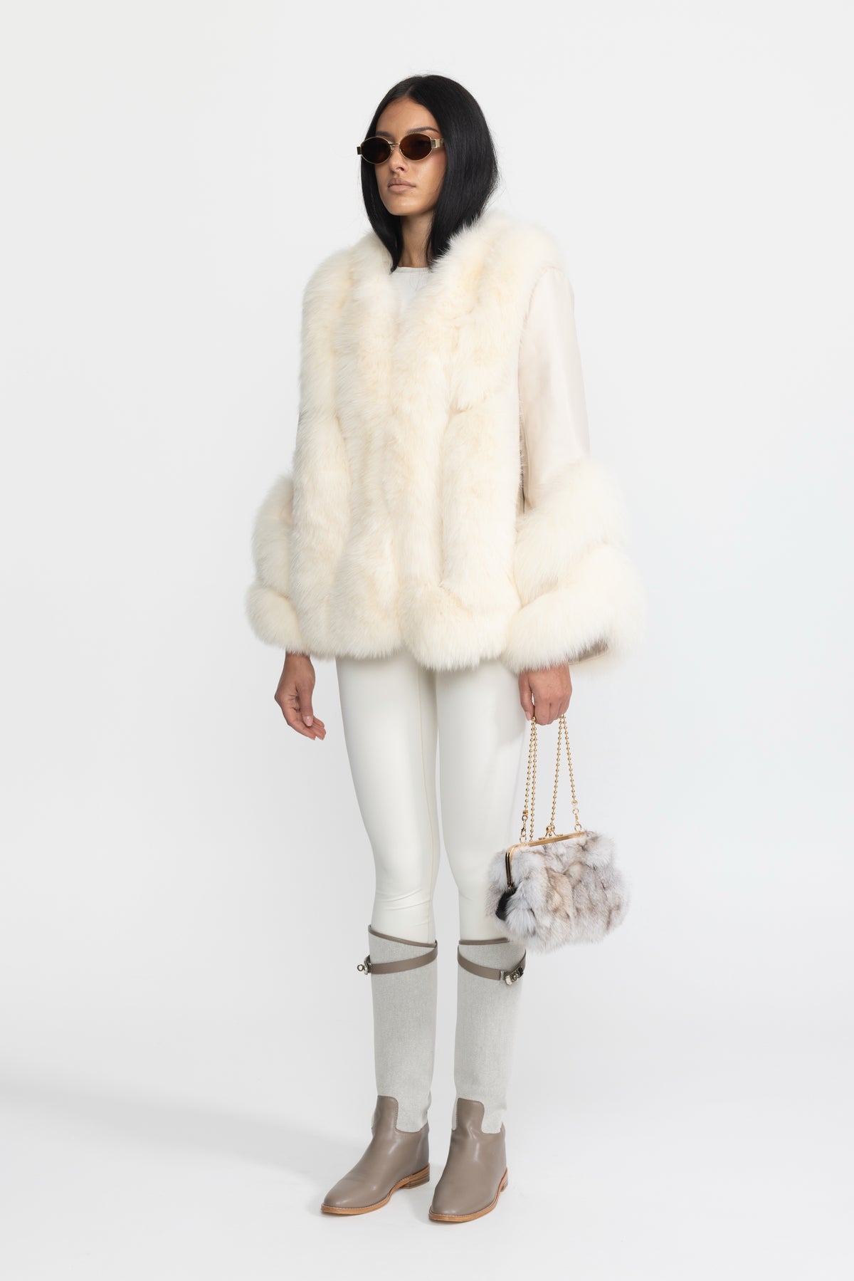 Veste en shearling à empiècements en fourrure de renard - Ivoire