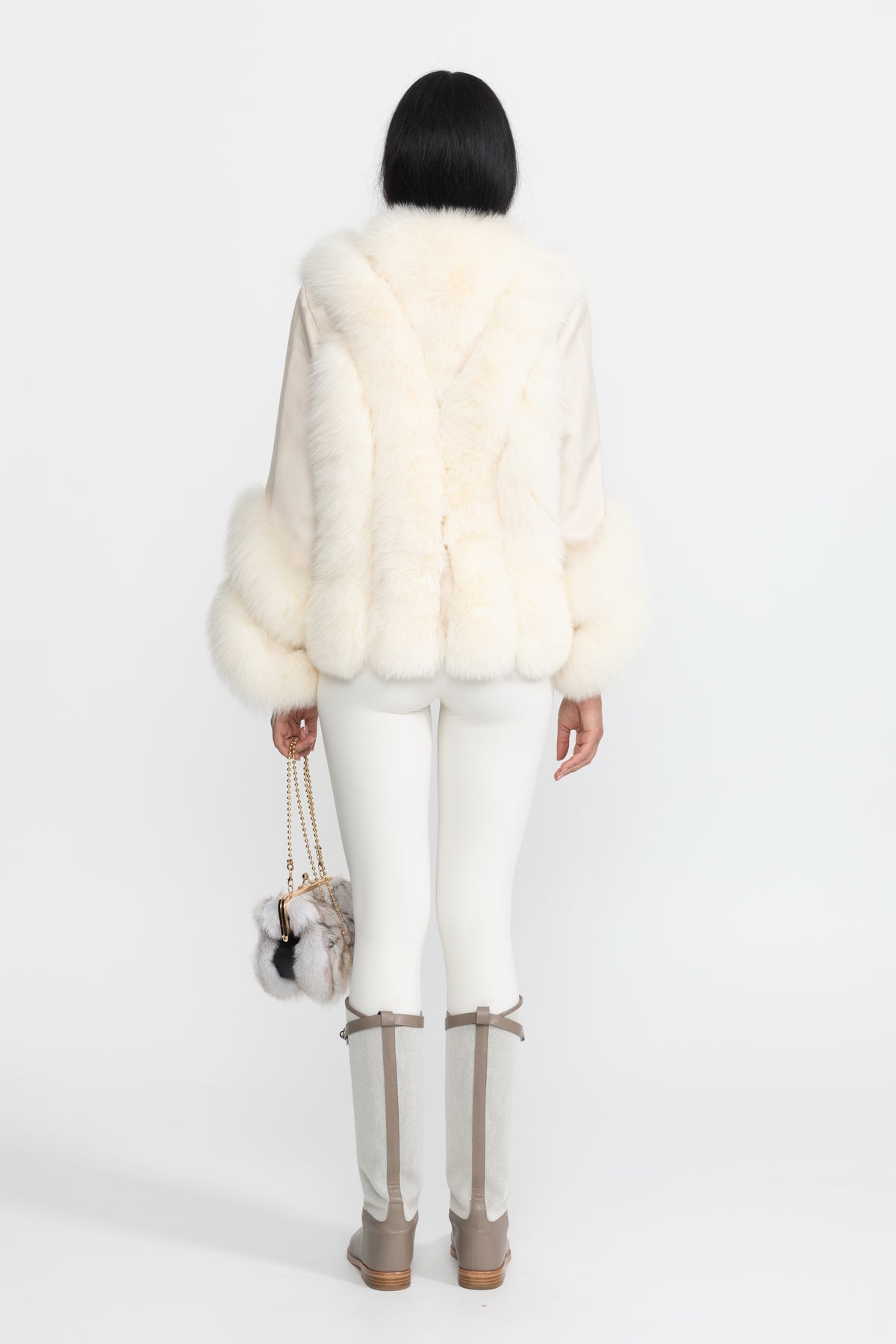 Veste en shearling à empiècements en fourrure de renard - Ivoire