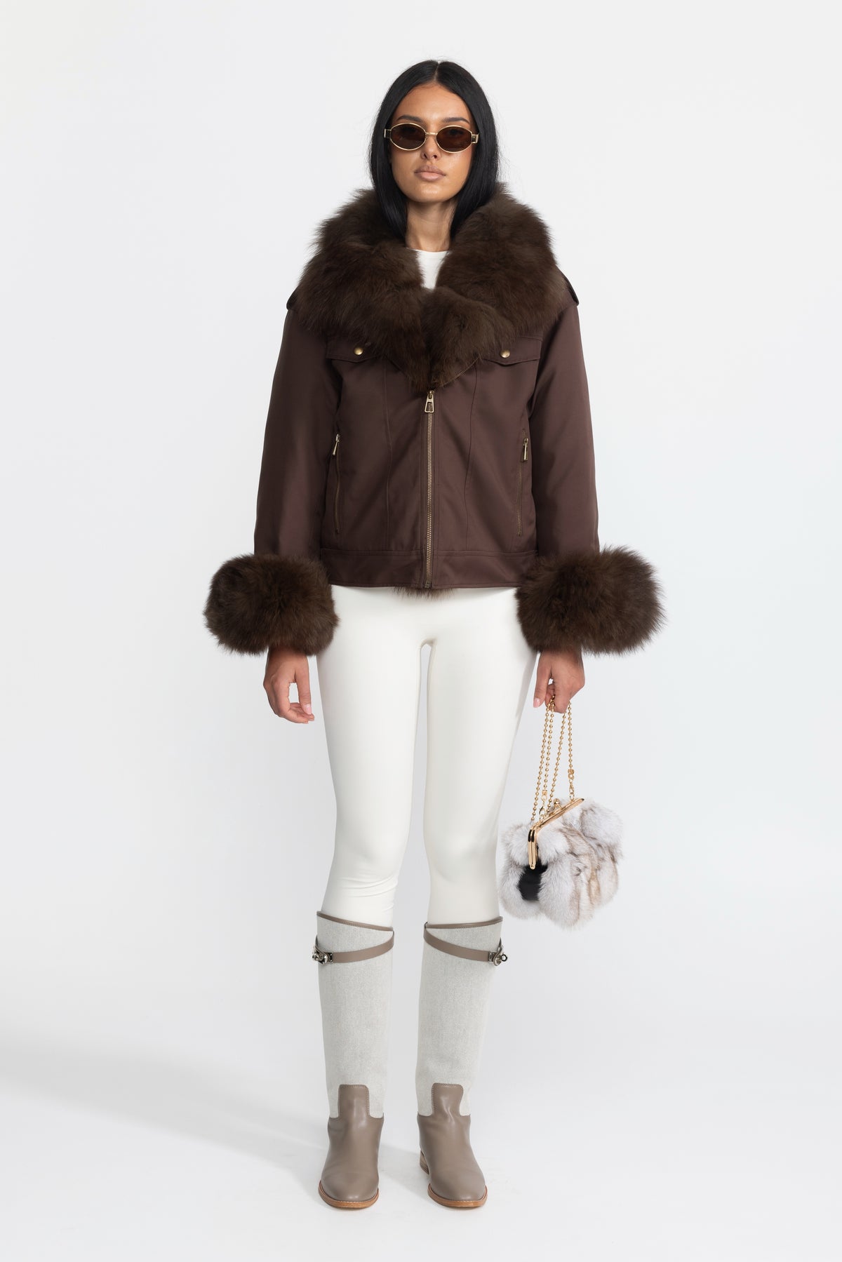Parka utilitaire en duvet à col et poignets en fourrure de renard - Chocolate