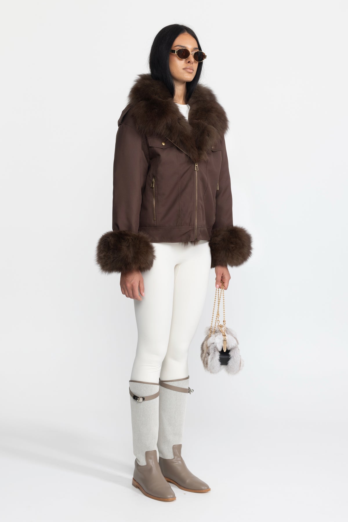 Parka utilitaire en duvet à col et poignets en fourrure de renard - Chocolate