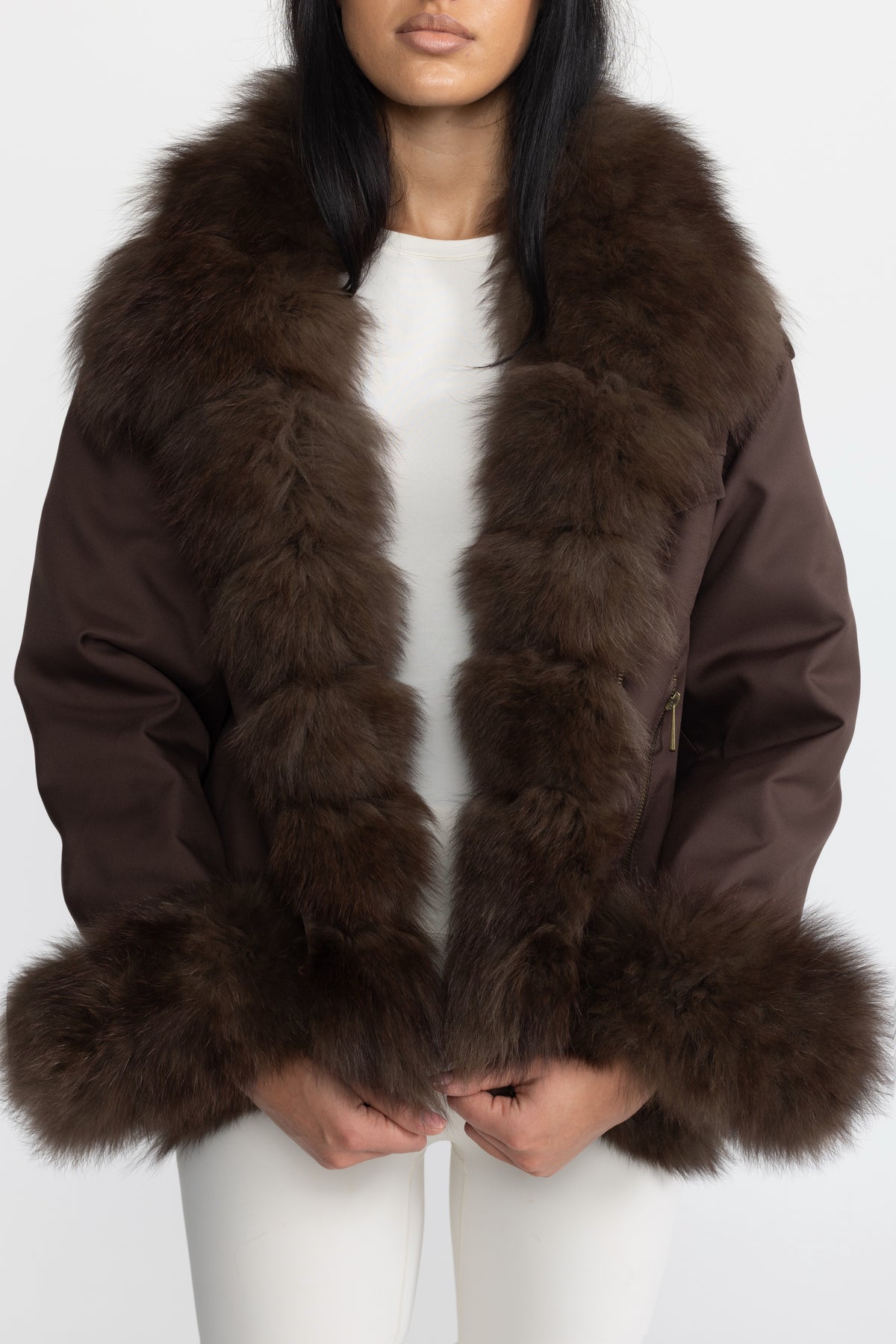 Parka utilitaire en duvet à col et poignets en fourrure de renard - Chocolate