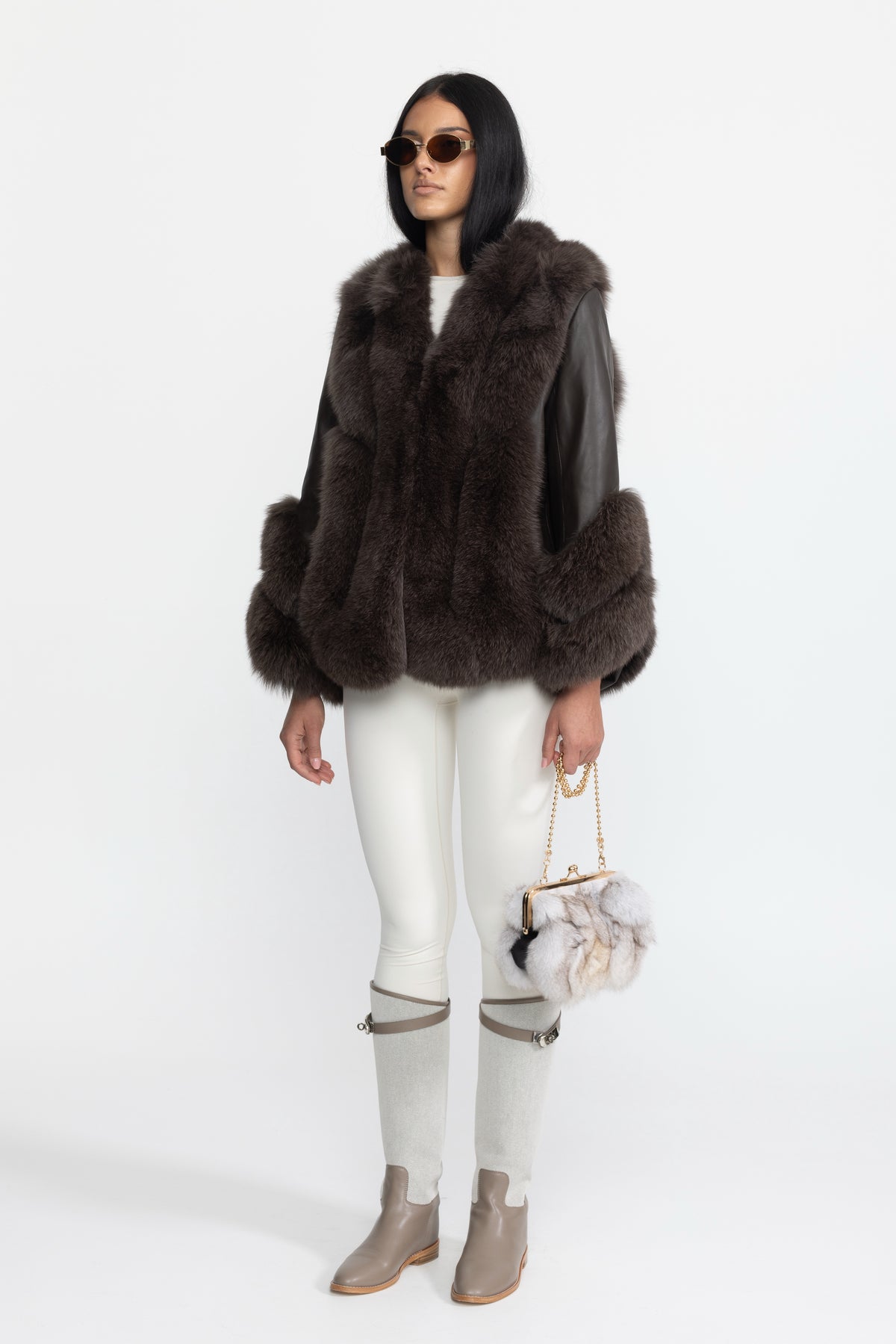 Fox Fur Panel Shearling Jacket - Chocolate