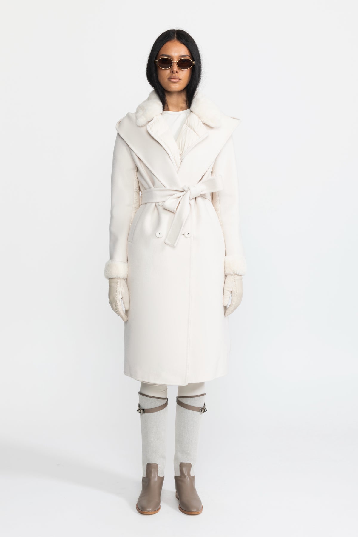 Quilted Back Hooded Wool Wrap Coat with Mink Fur - Ivoire