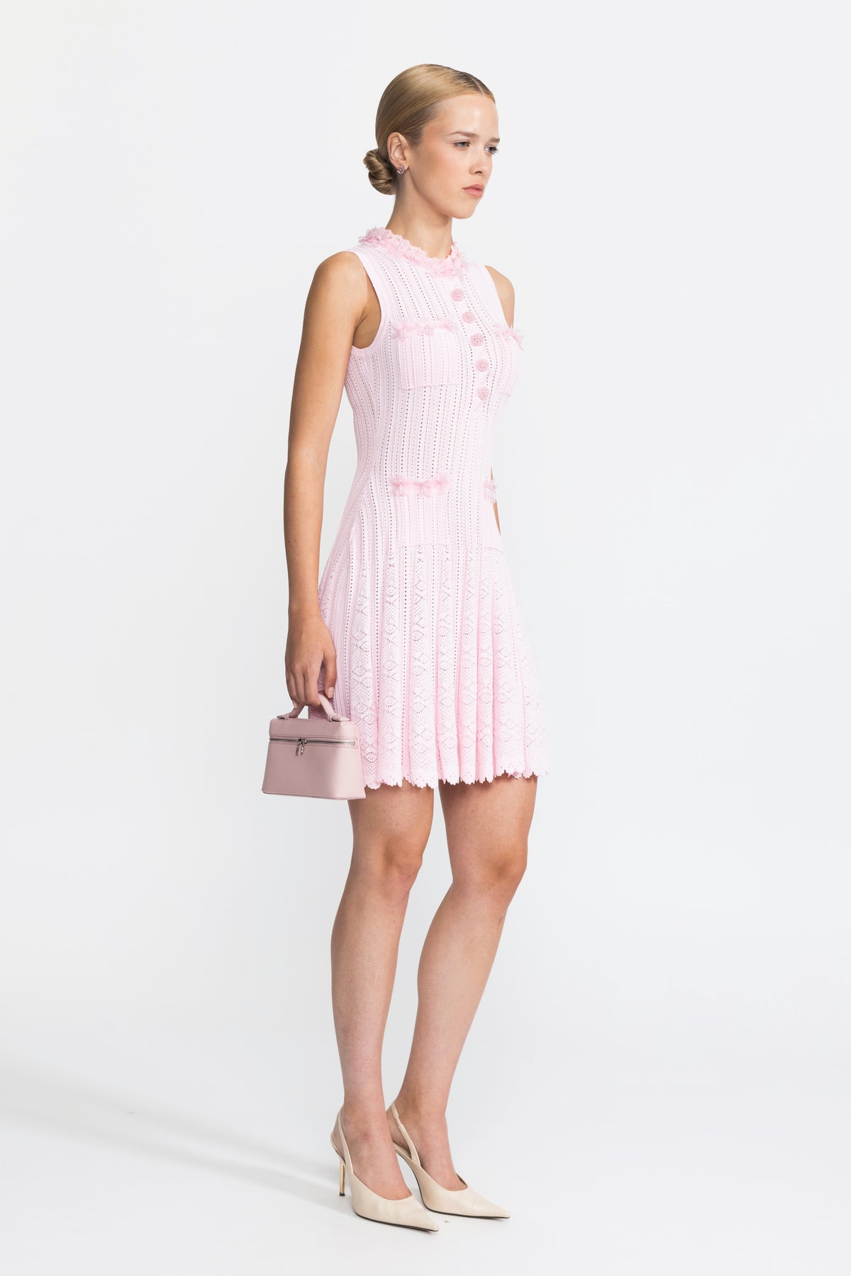 Organza Flower Trim Pointelle Knit Mini Dress - Pink