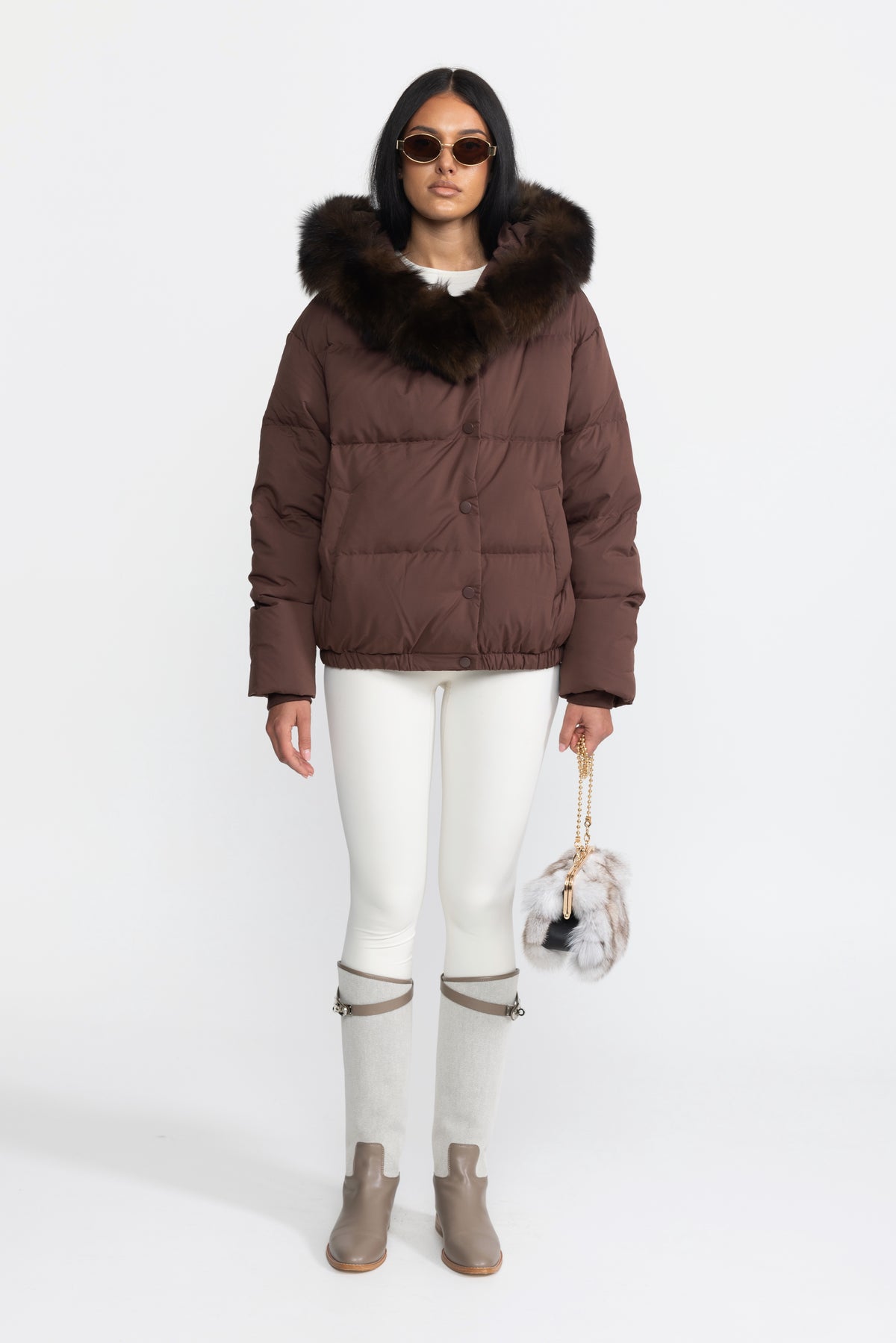 Fox Fur Hood Cropped Down Puffer Jacket - Chocolate