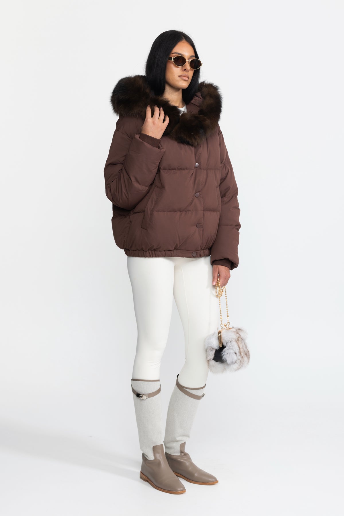 Fox Fur Hood Cropped Down Puffer Jacket - Chocolate