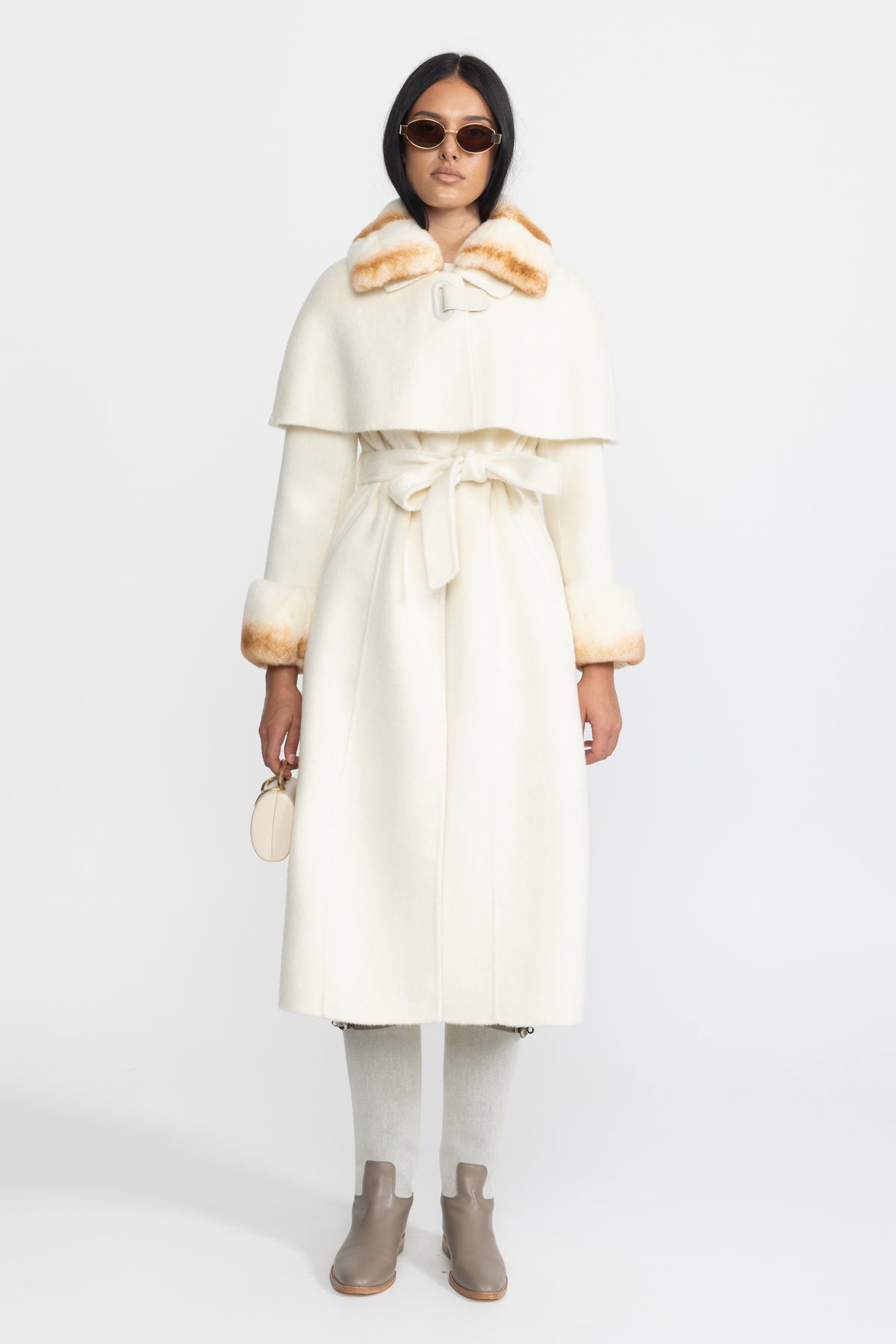 Manteau en laine avec capelet à col en fourrure de lapin Rex - Ivoire