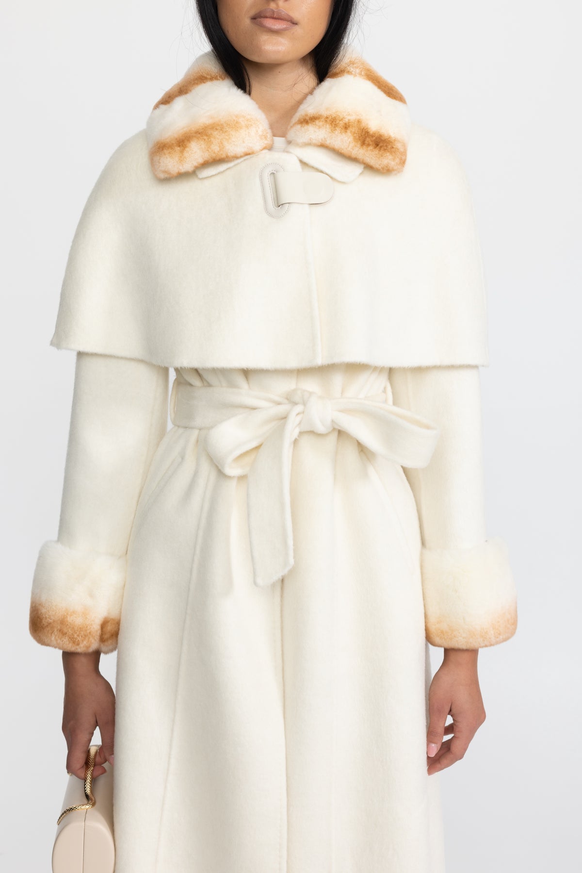 Manteau en laine avec capelet à col en fourrure de lapin Rex - Ivoire