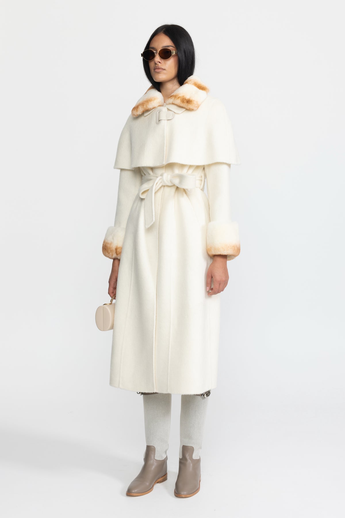 Manteau en laine avec capelet à col en fourrure de lapin Rex - Ivoire