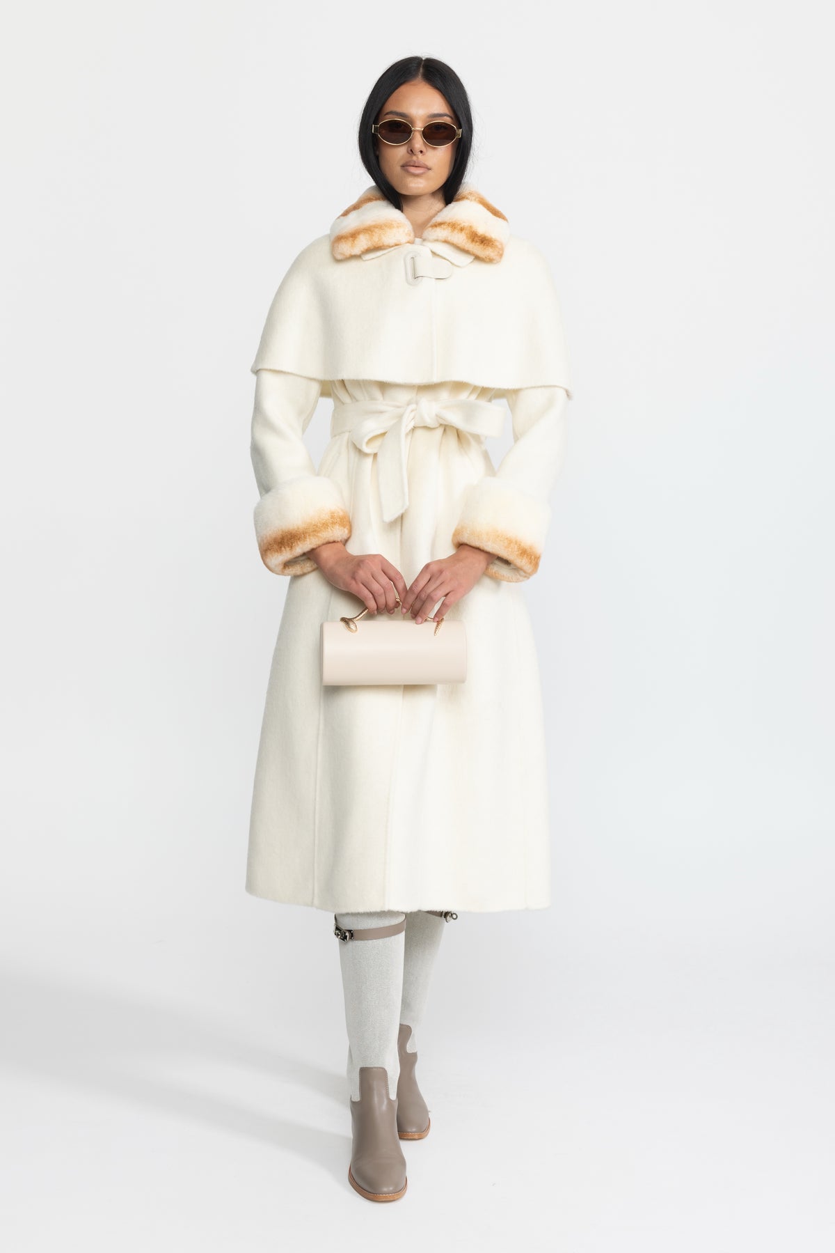 Manteau en laine avec capelet à col en fourrure de lapin Rex - Ivoire