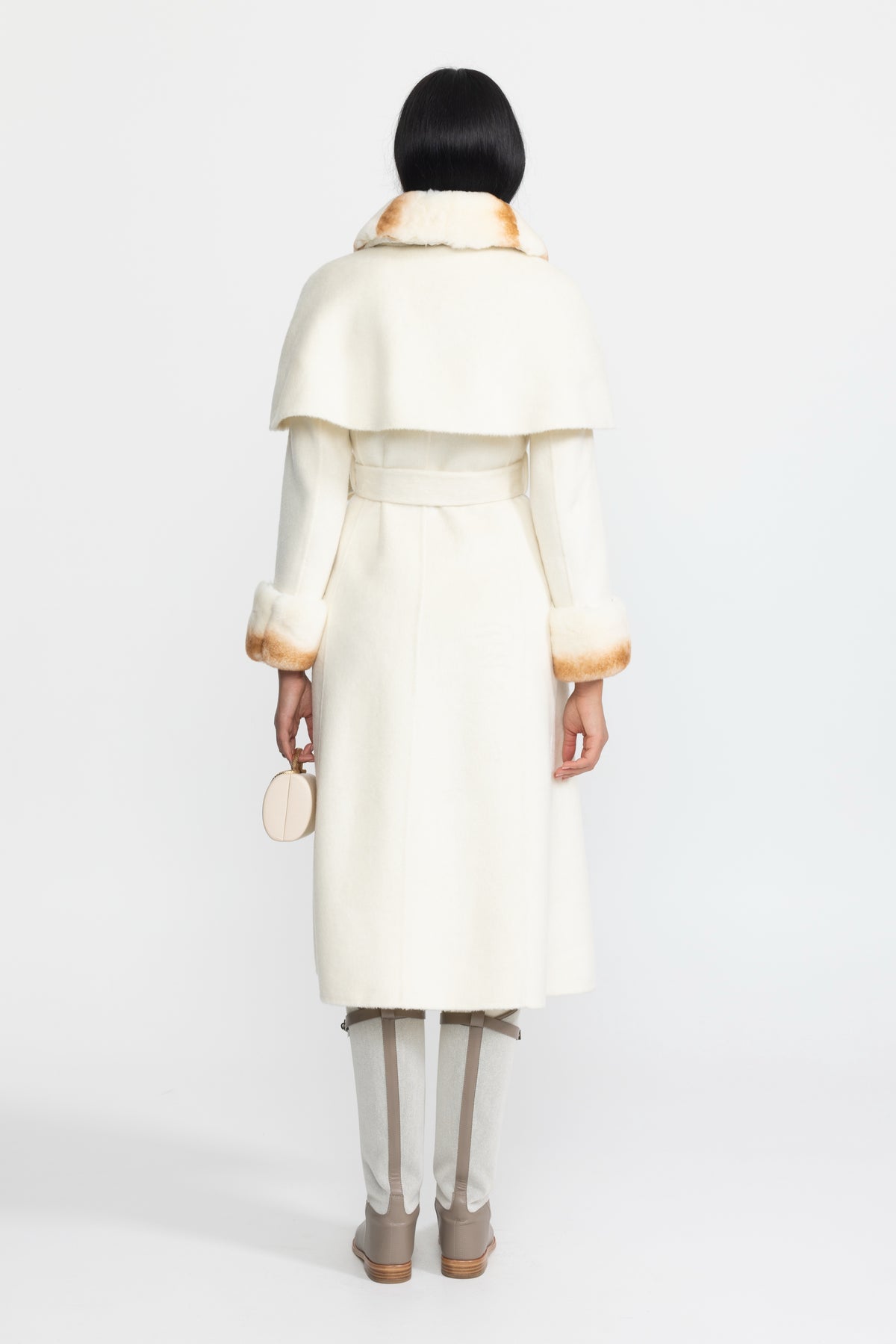 Manteau en laine avec capelet à col en fourrure de lapin Rex - Ivoire