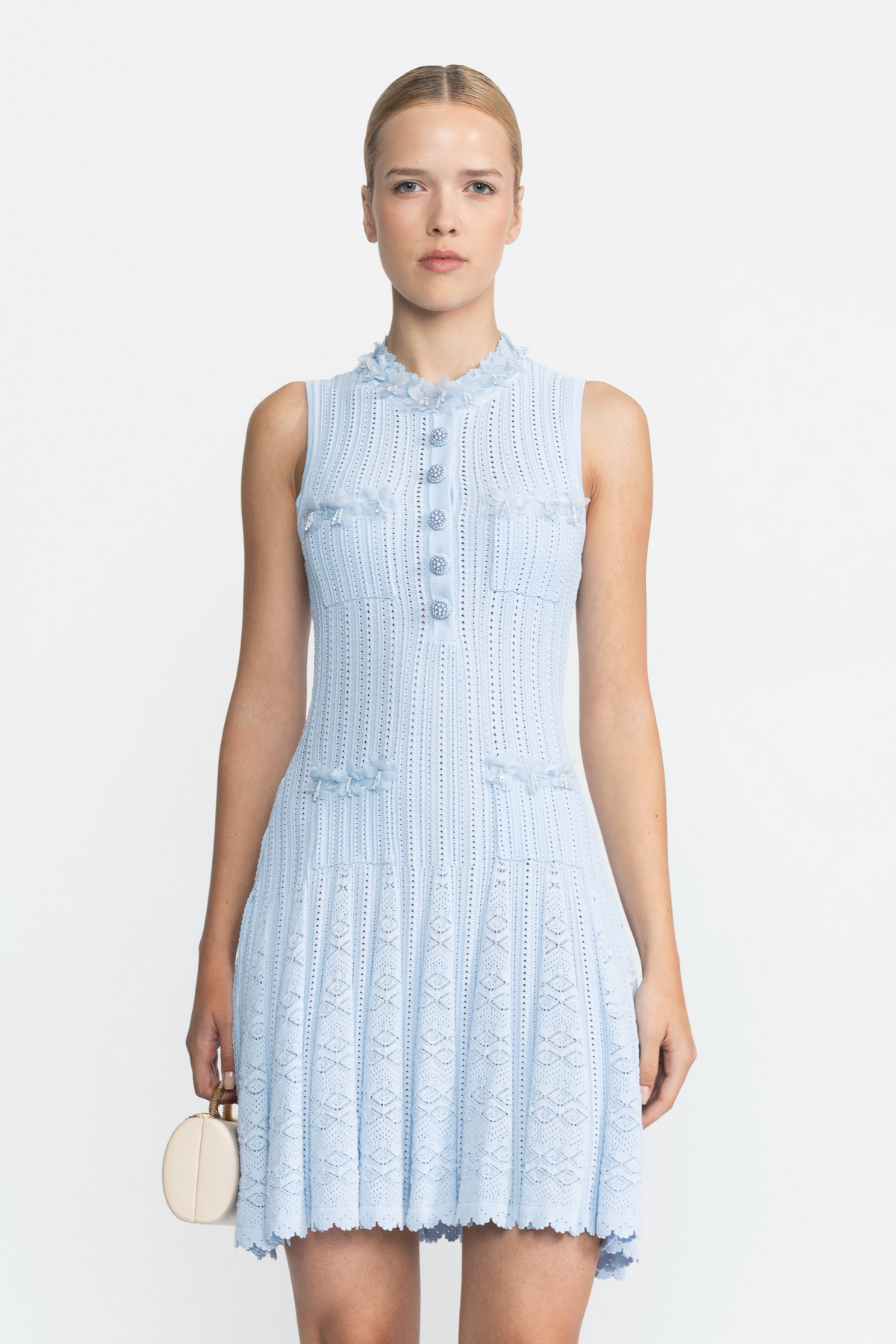 Organza Flower Trim Pointelle Knit Mini Dress - Light Blue