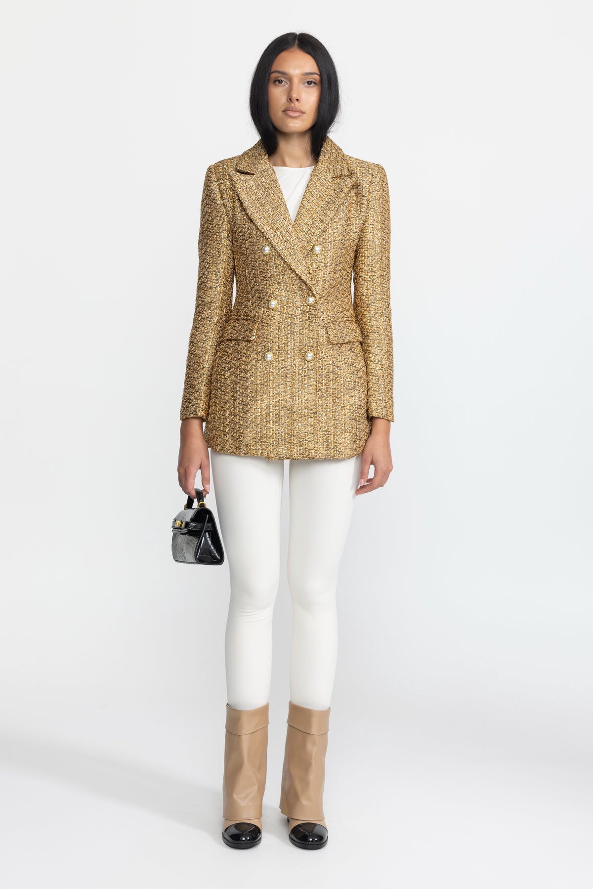 Blazer croisé en tweed métallisé à boutons perlés - Or