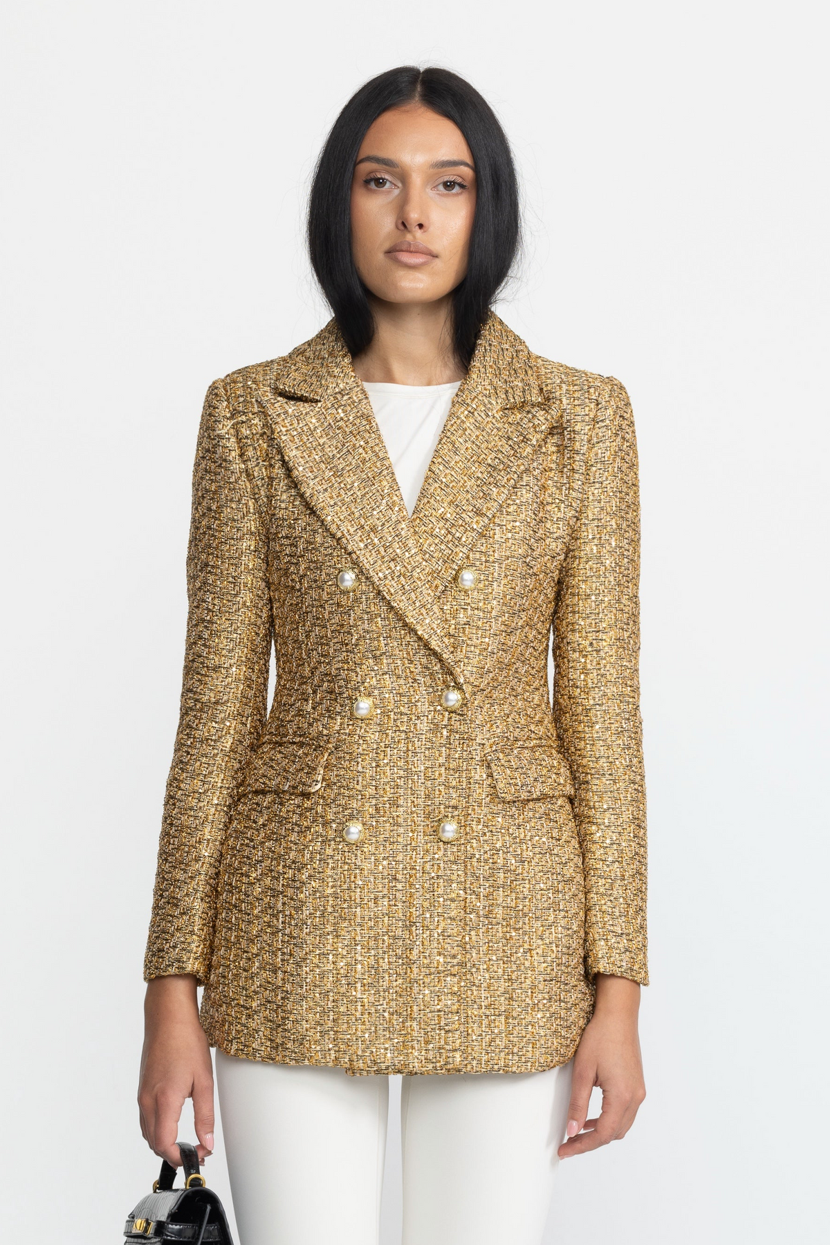 Blazer croisé en tweed métallisé à boutons perlés - Or