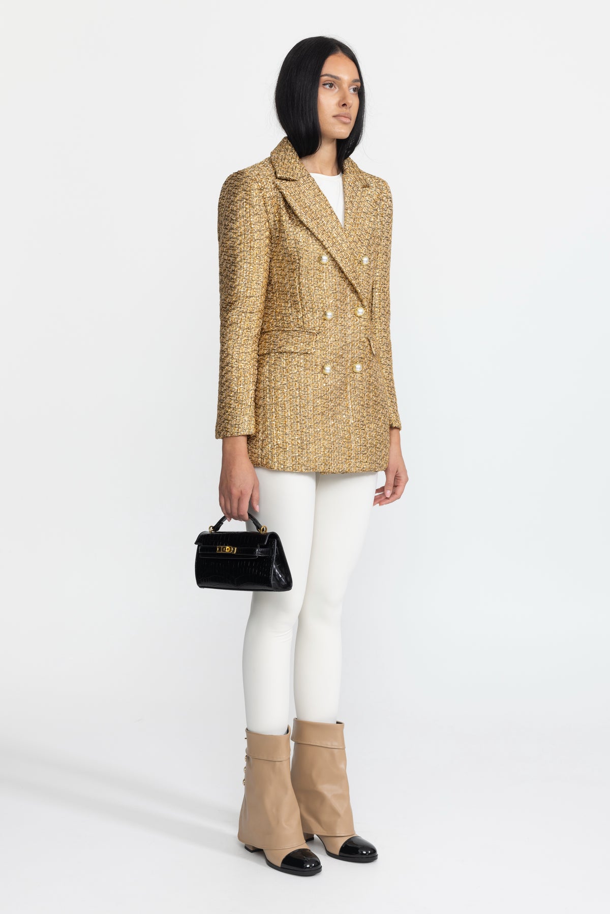 Blazer croisé en tweed métallisé à boutons perlés - Or