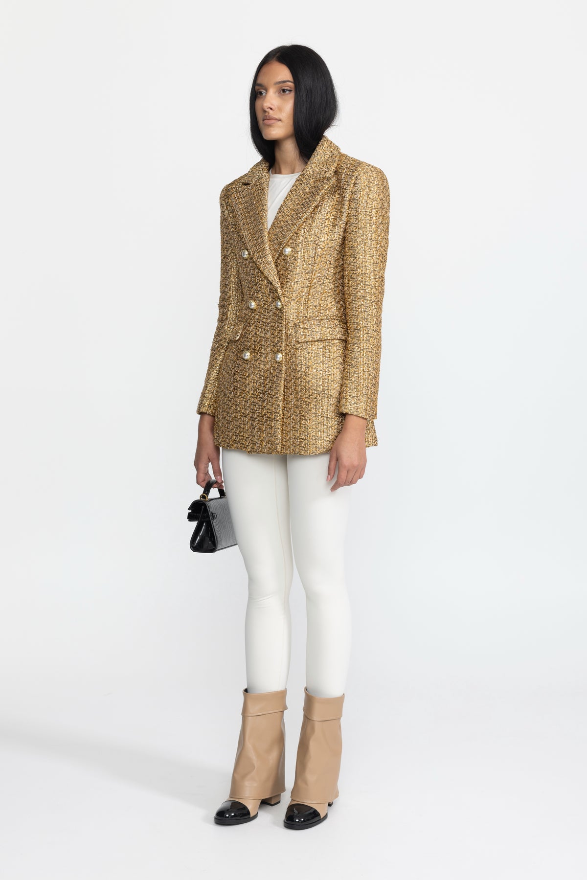 Blazer croisé en tweed métallisé à boutons perlés - Or