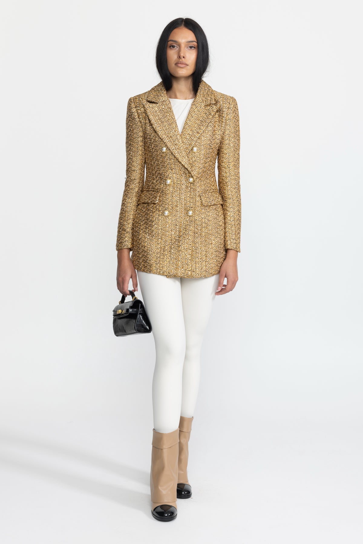 Blazer croisé en tweed métallisé à boutons perlés - Or