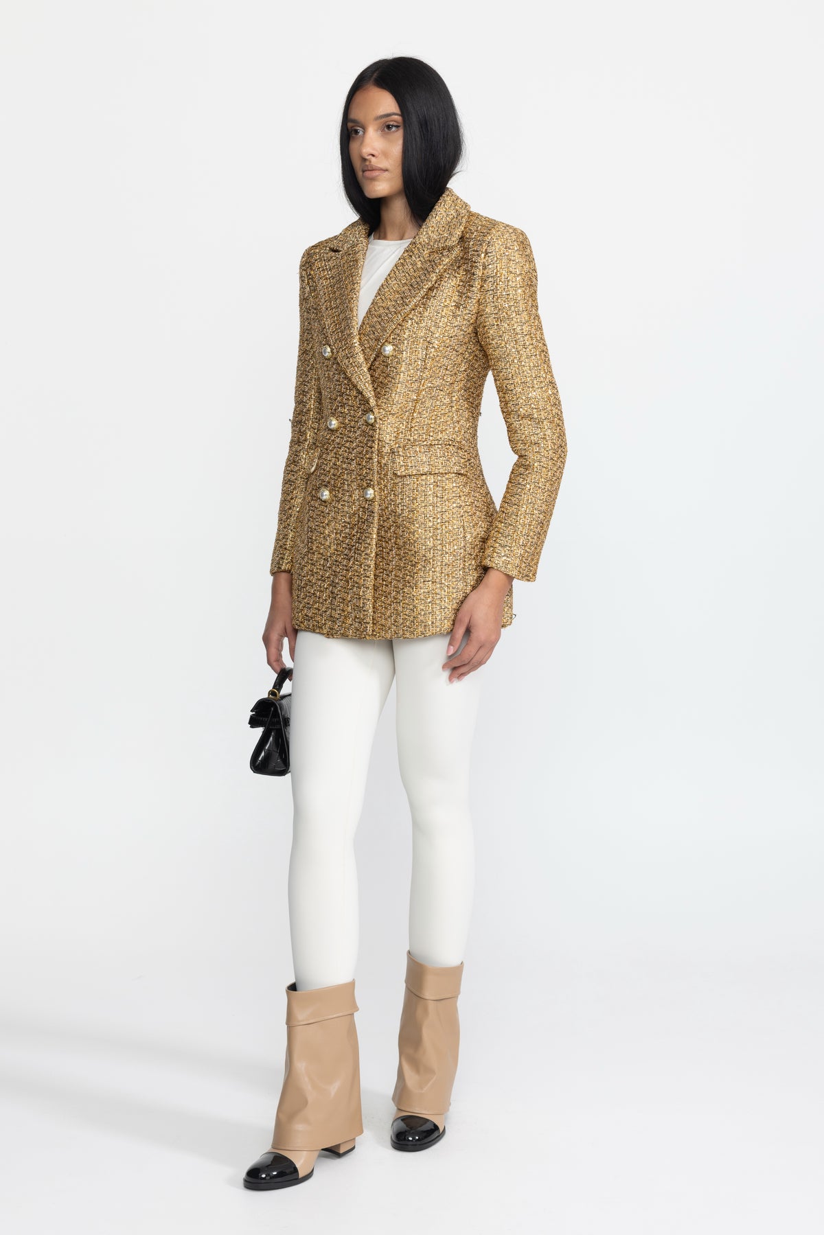 Blazer croisé en tweed métallisé à boutons perlés - Or