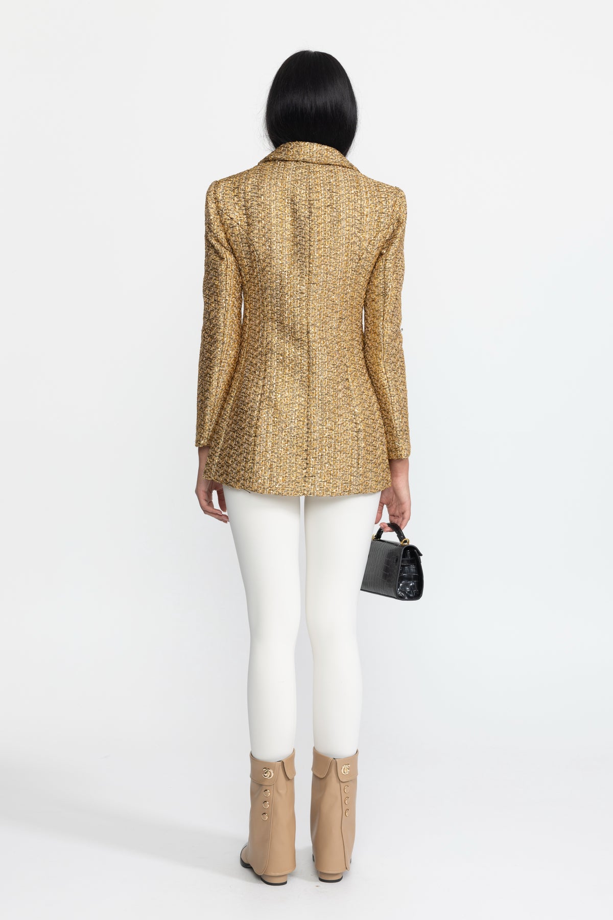 Blazer croisé en tweed métallisé à boutons perlés - Or