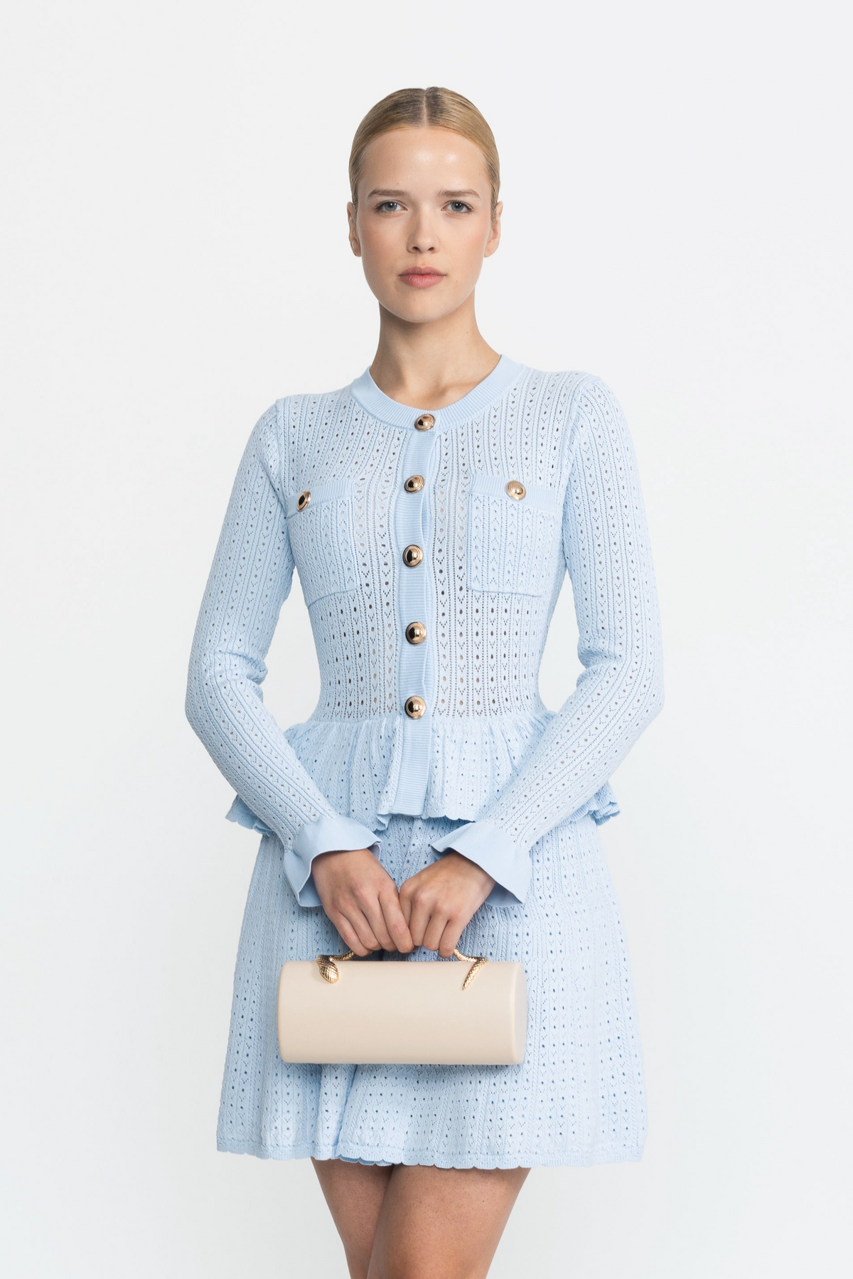 Pointelle Knit Peplum Mini Dress with Gold Buttons - Light Blue