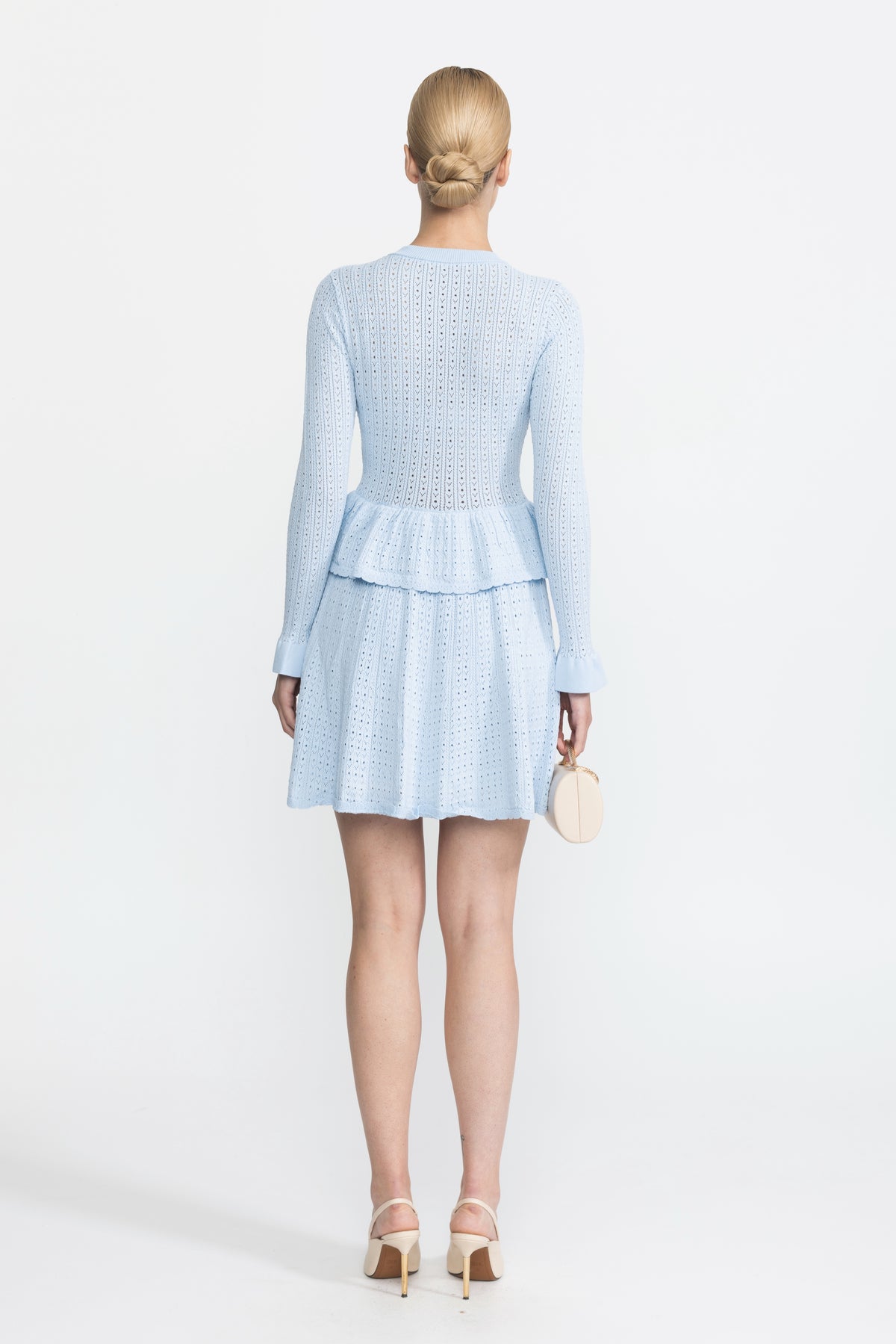 Pointelle Knit Peplum Mini Dress with Gold Buttons - Light Blue