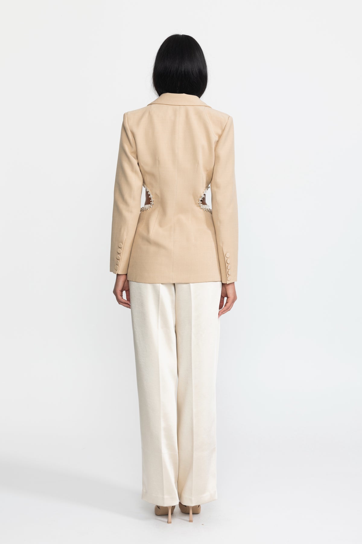 Blazer tailleur à taille ajourée et finitions cristal - Beige