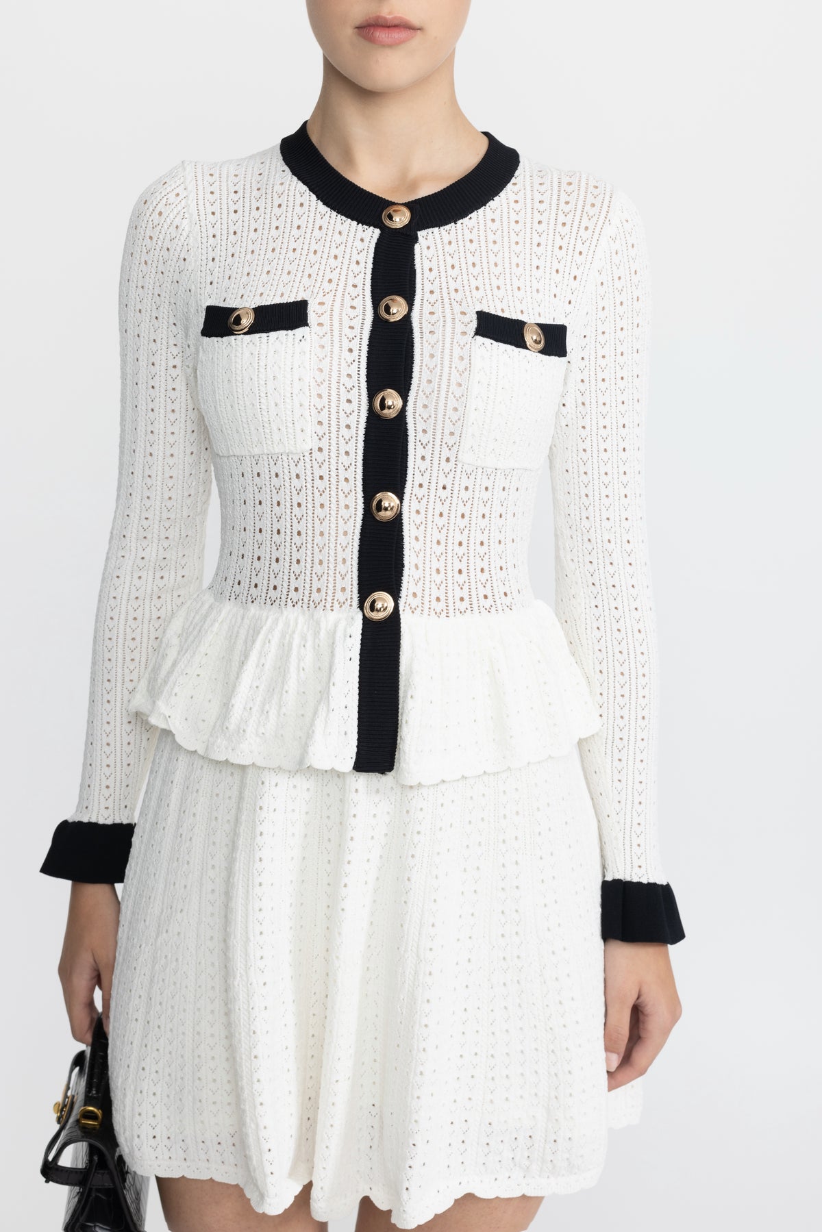 Pointelle Knit Peplum Mini Dress with Gold Buttons - White