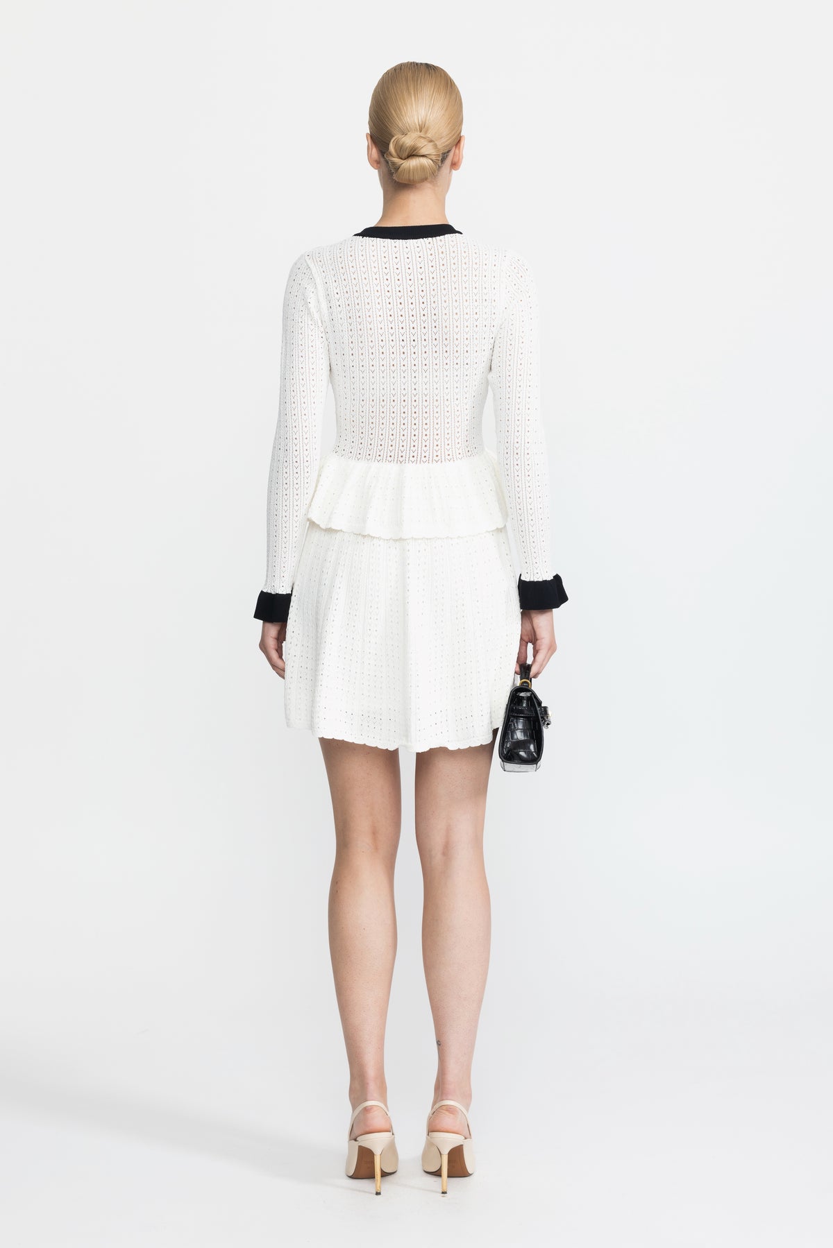 Pointelle Knit Peplum Mini Dress with Gold Buttons - White