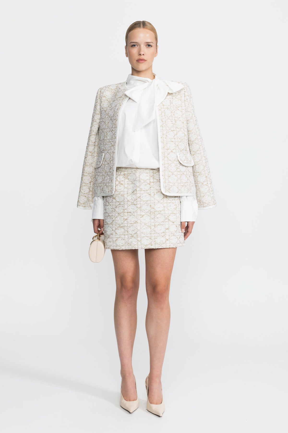 Metallic Jacquard Tweed Jacket and Mini Skirt Co-ord Set - Ivoire