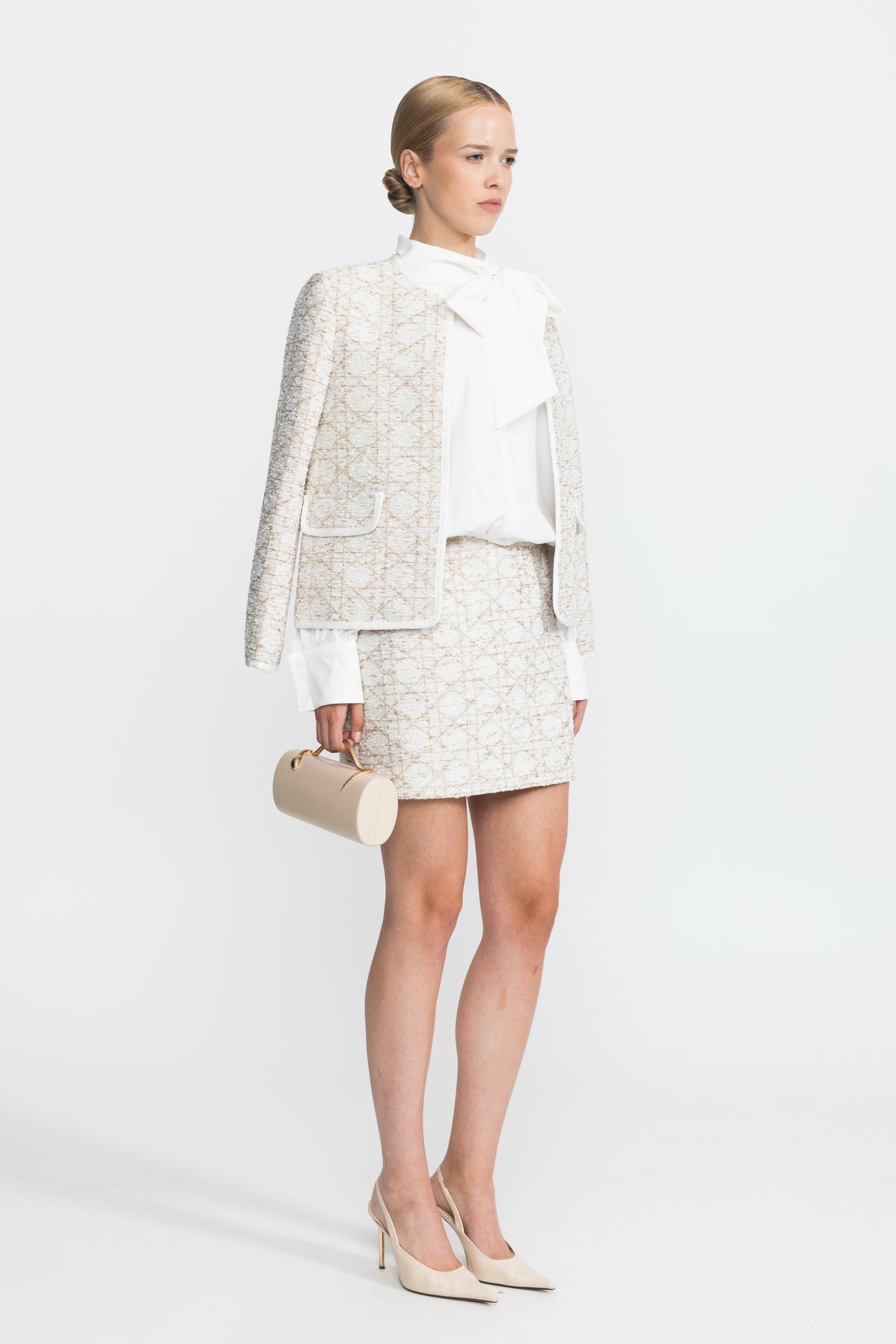 Metallic Jacquard Tweed Jacket and Mini Skirt Co-ord Set - Ivoire