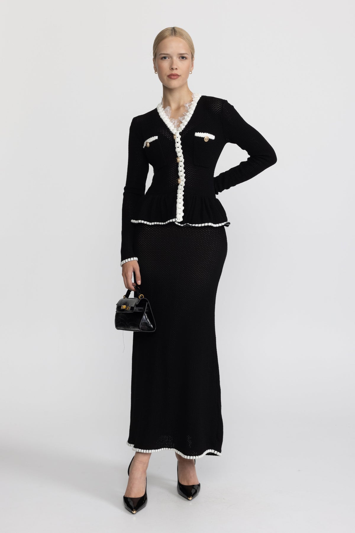 Robe longue à basque en maille crochetée bordée de dentelle - Noir
