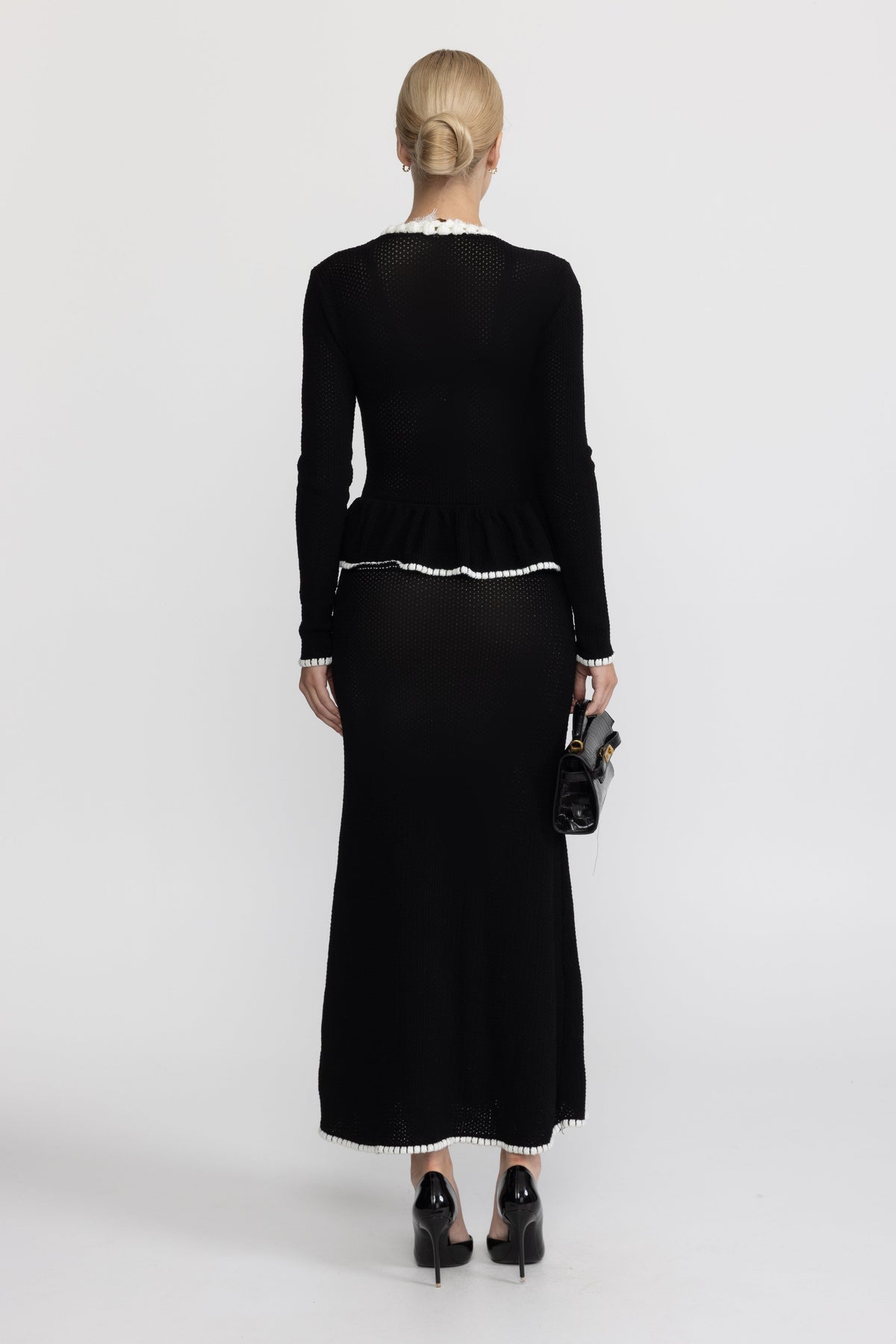 Robe longue à basque en maille crochetée bordée de dentelle - Noir