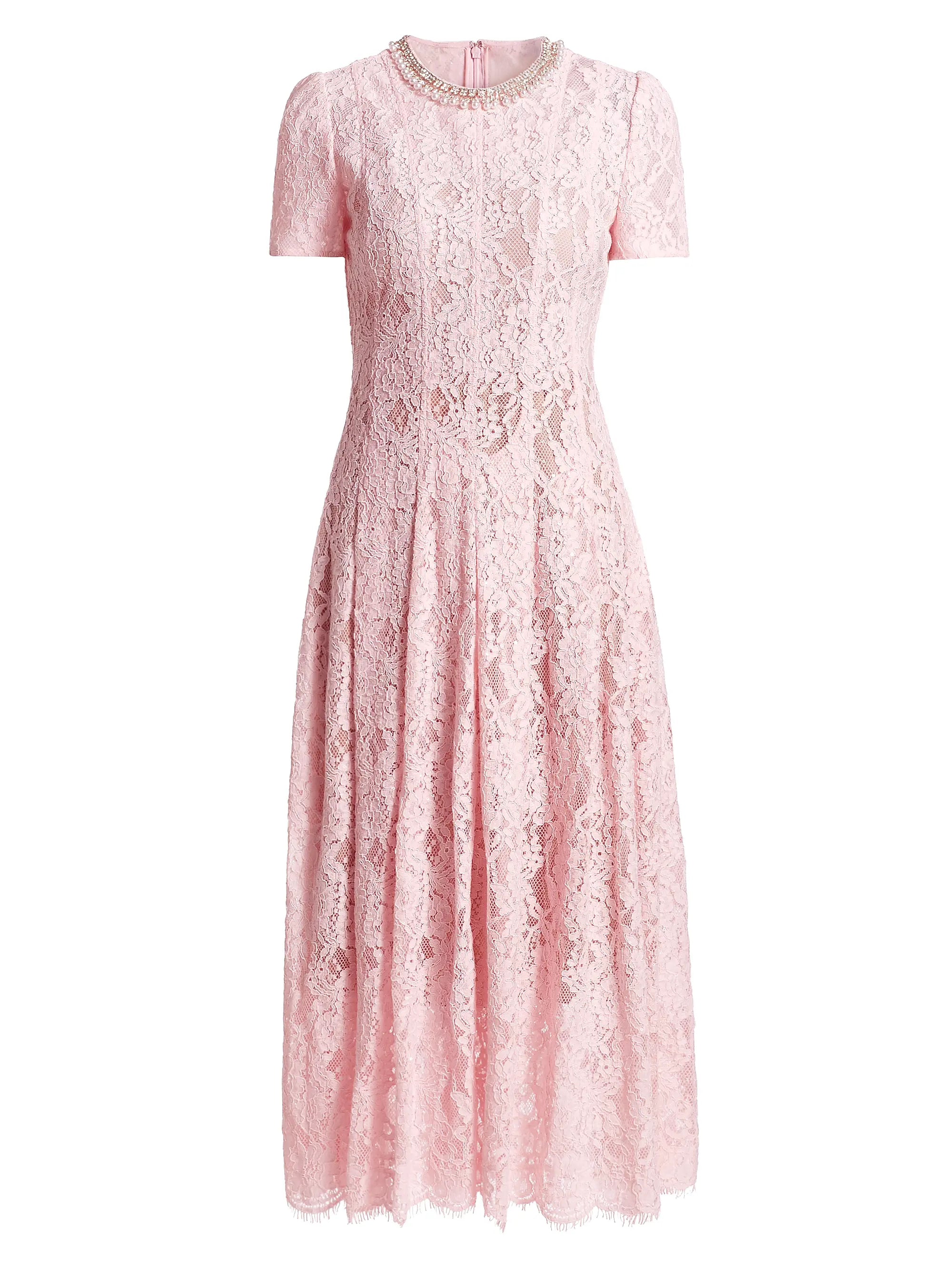 Lace Midi Dress with Crystal Embellished Collar - Pink