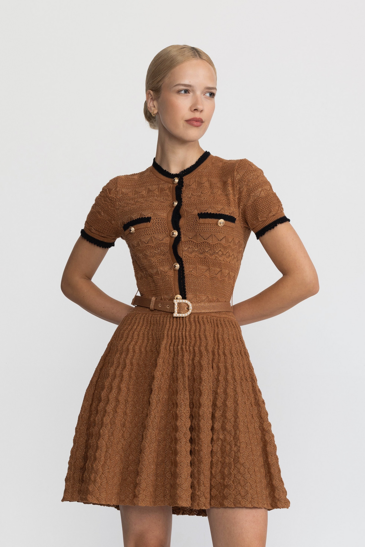 Metallic Pointelle Knit Belted Dress with Contrast Trim - Caramel