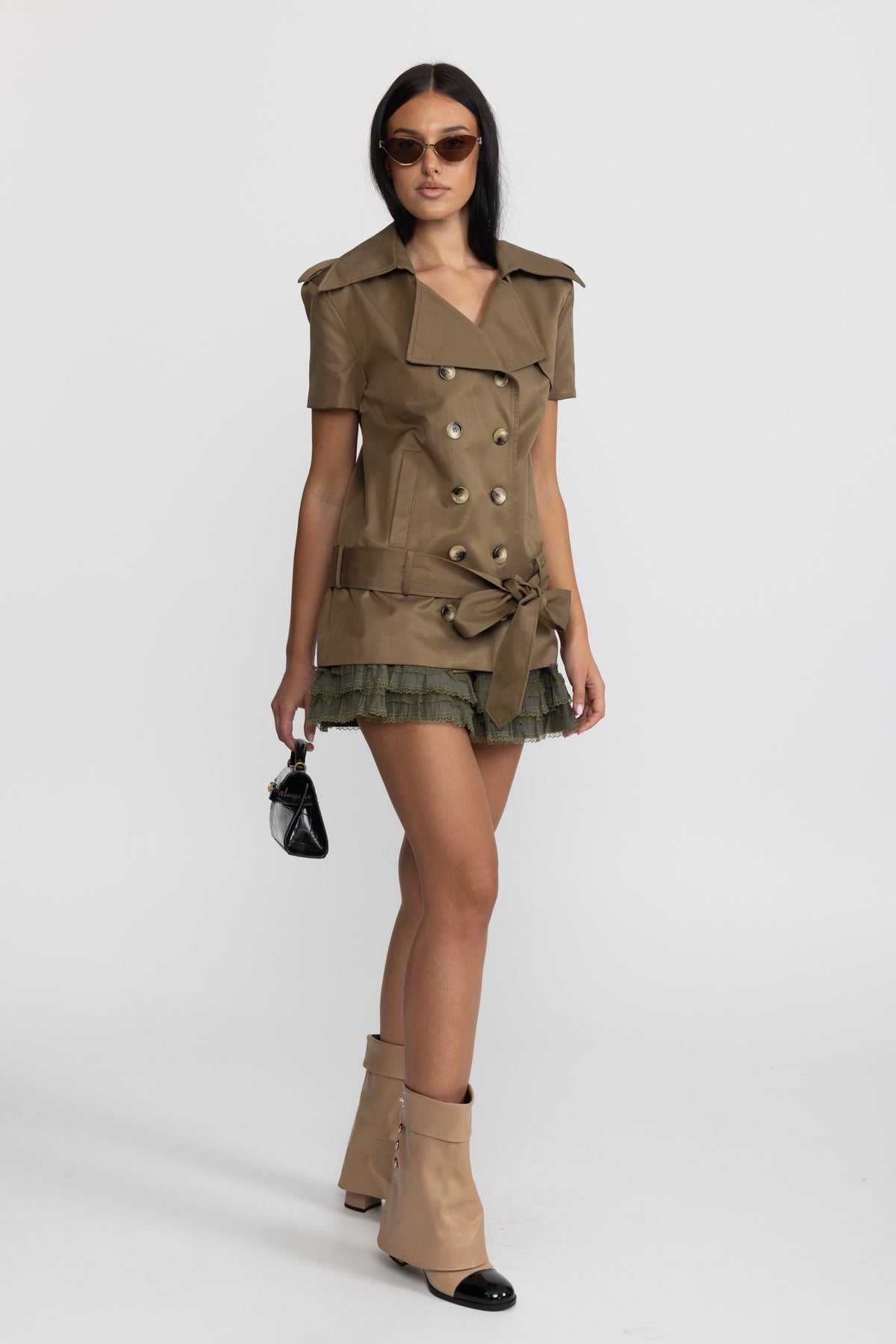 Ensemble coordonné top trench et mini-jupe à ourlet volanté - Olive