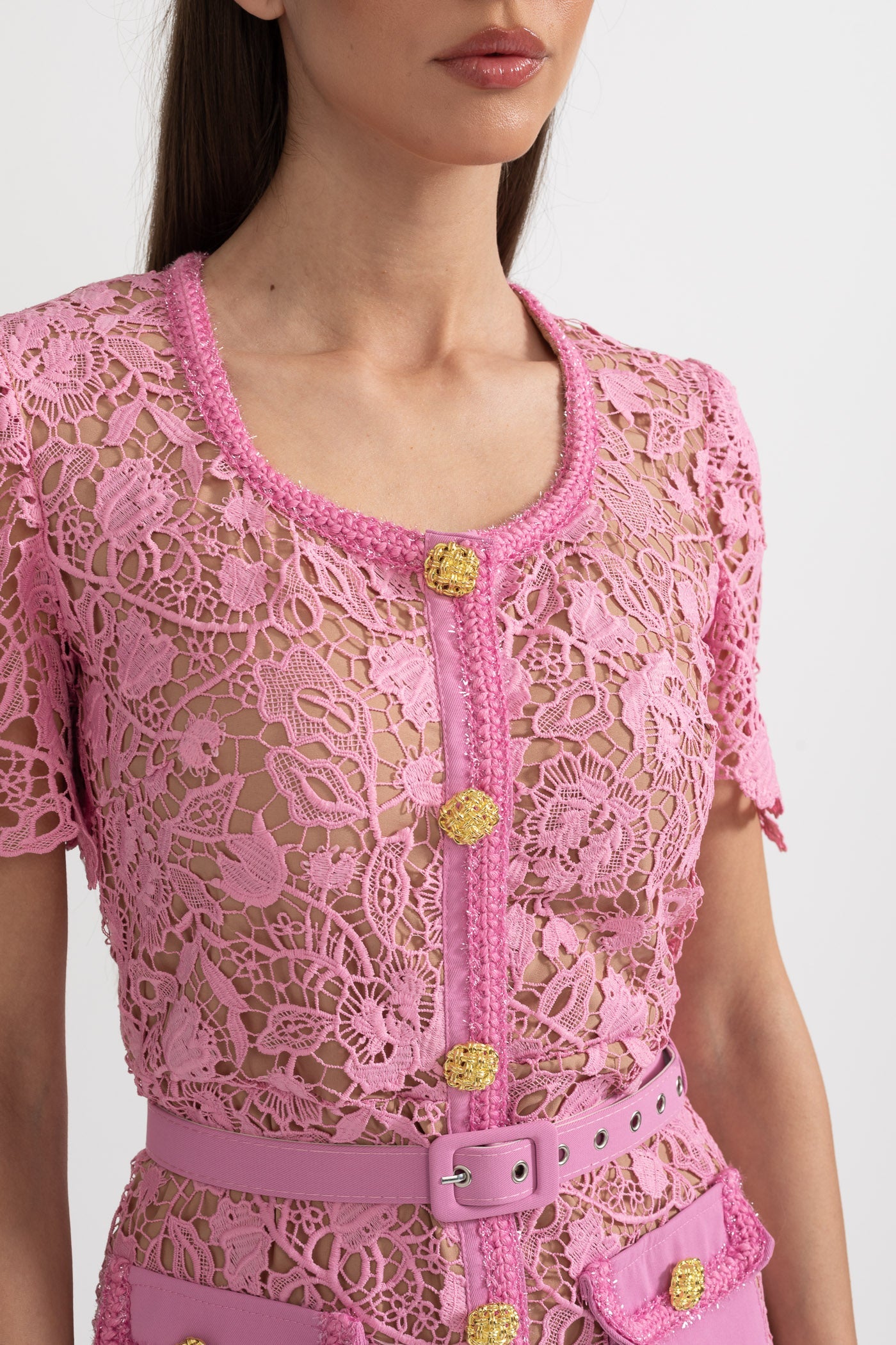 Robe Midi en Dentelle à Manches Courtes Exquise - Rose