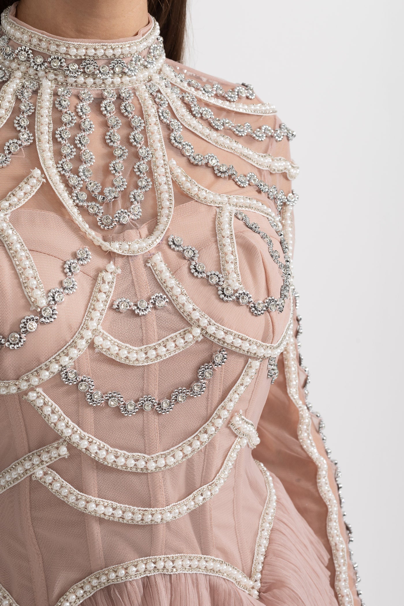 Elegant Long Sleeved Dress With Layered Ruffled Skirt And Intricate Sparkling Embellishments - Pink