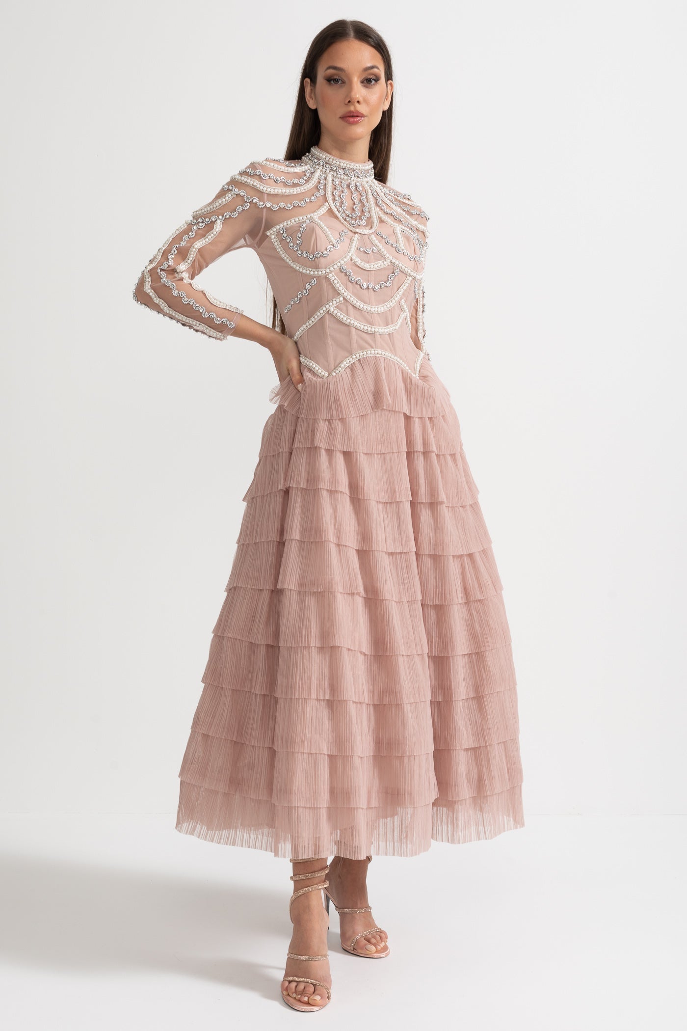 Elegant Long Sleeved Dress With Layered Ruffled Skirt And Intricate Sparkling Embellishments - Pink