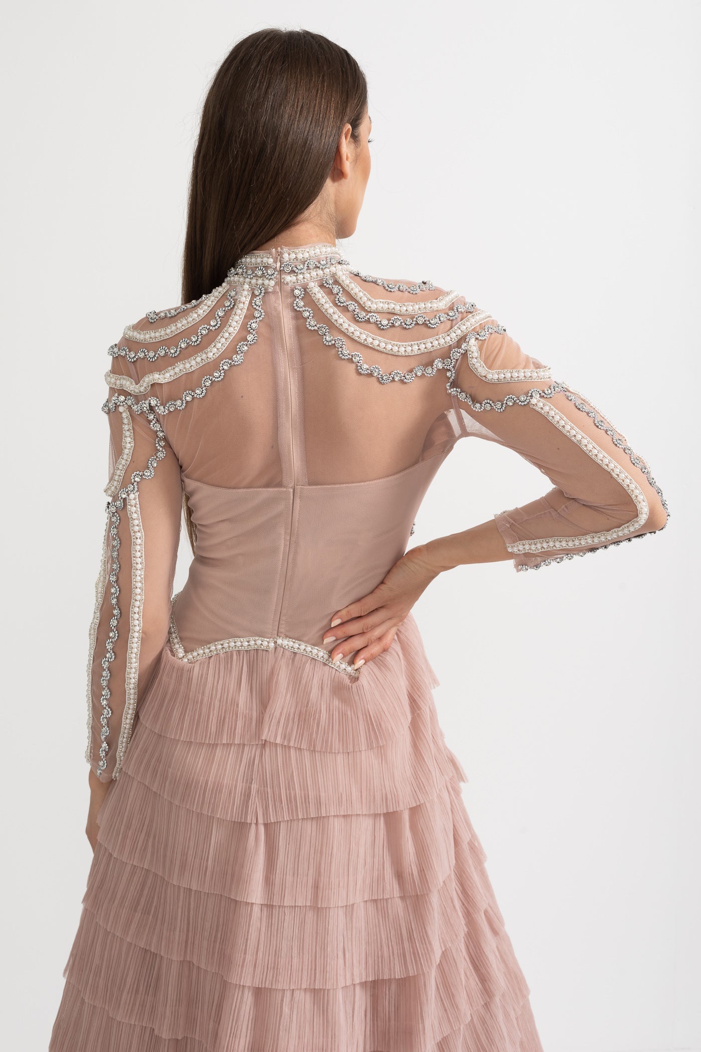 Elegant Long Sleeved Dress With Layered Ruffled Skirt And Intricate Sparkling Embellishments - Pink