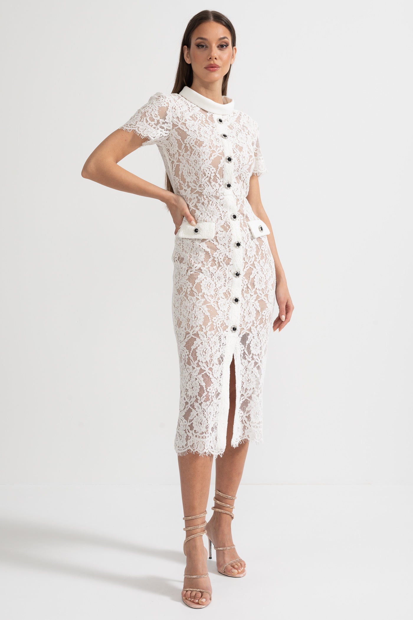 Robe élégante à manches courtes en dentelle avec ceinture assortie à la taille - Blanc