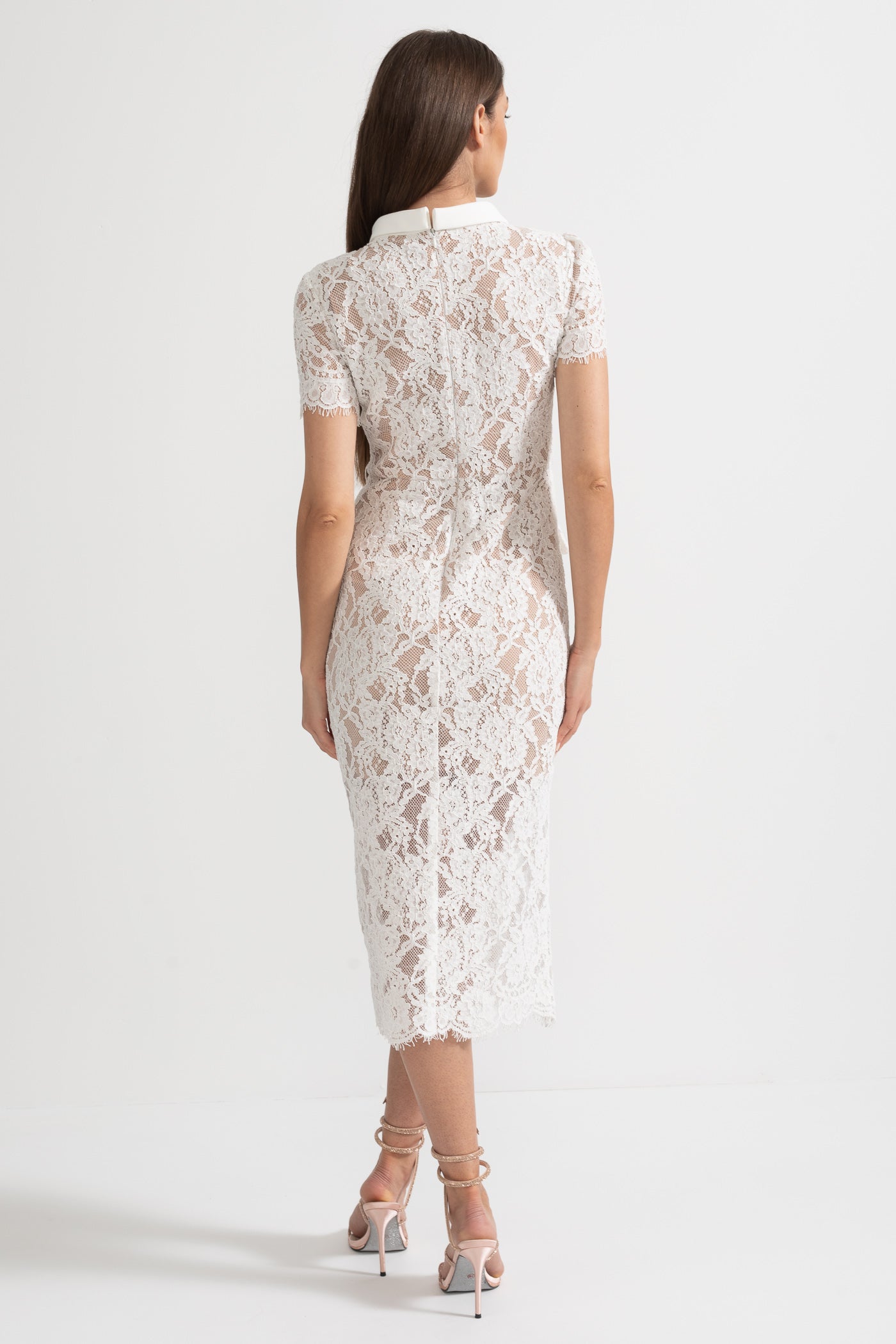 Robe élégante à manches courtes en dentelle avec ceinture assortie à la taille - Blanc