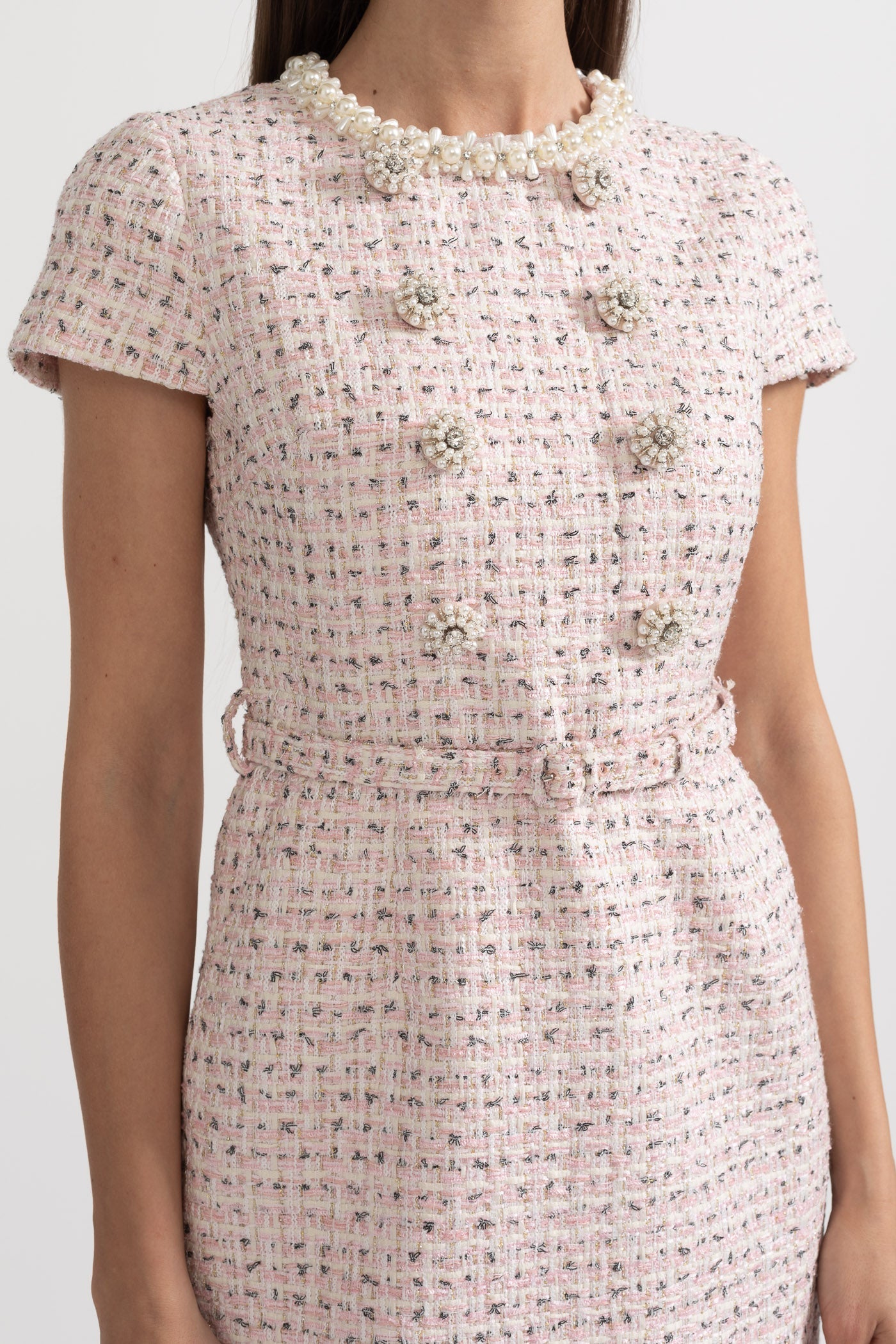 Elegant Textured Mini Dress With Short Sleeves And Matching Belt - Pink