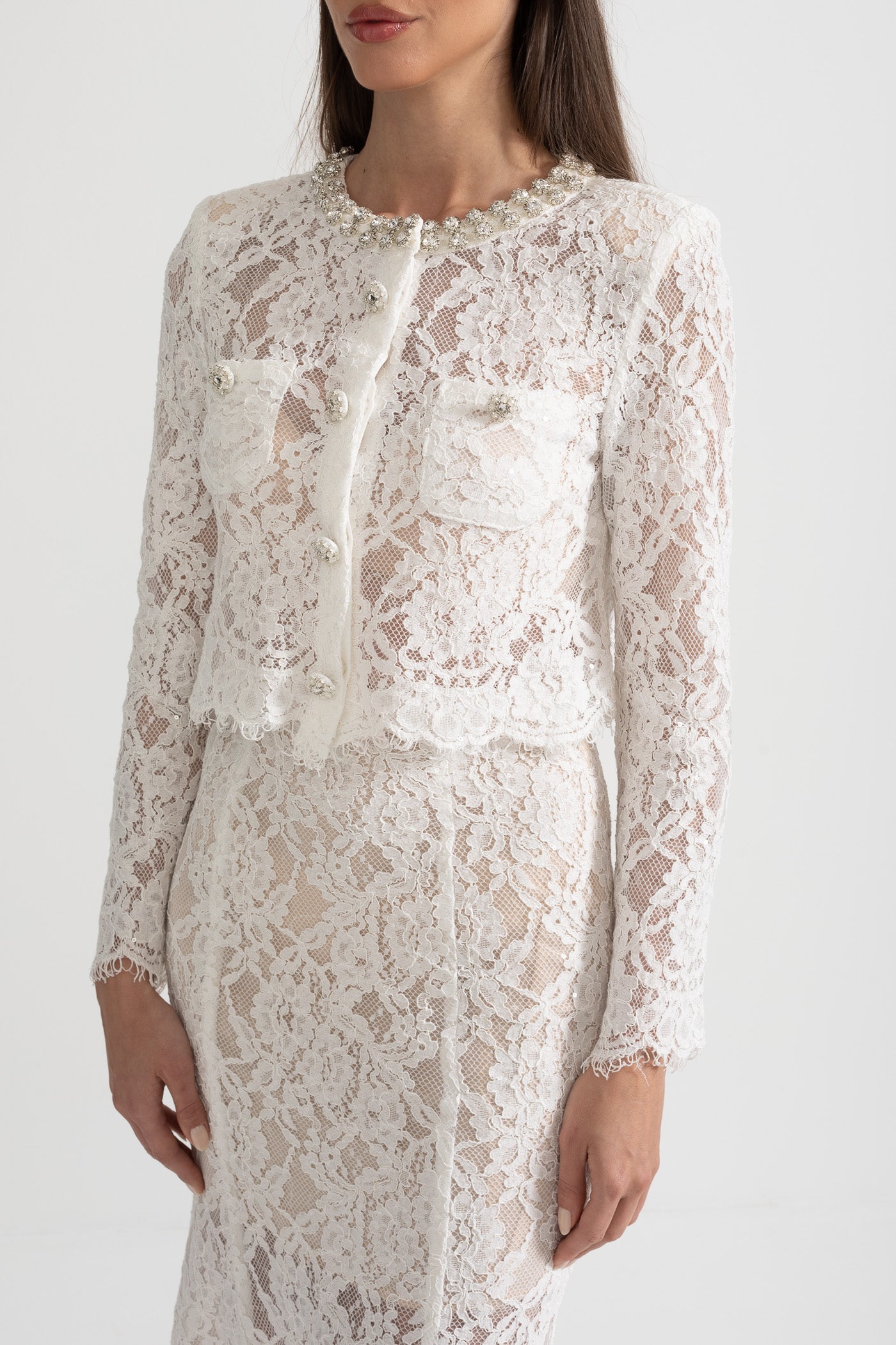 Lace Co-Ord With Sparkling Neckline Embellishments And Midi Skirt - White