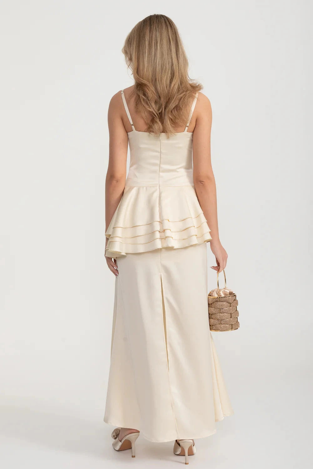 Robe en satin sans manches avec taille peplum superposée - Ivoire