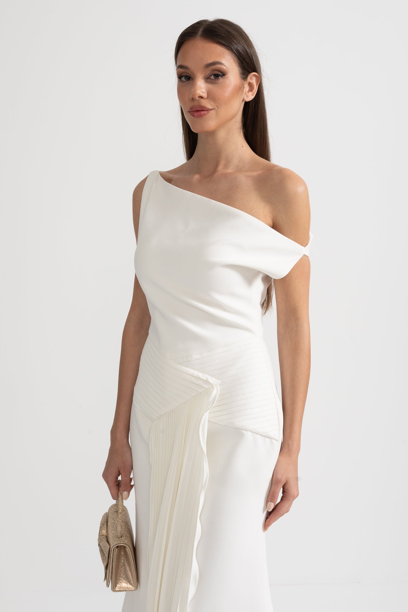 Robe Midi Épaule Dénudée Avec Détail Plissé à la Taille - Blanc