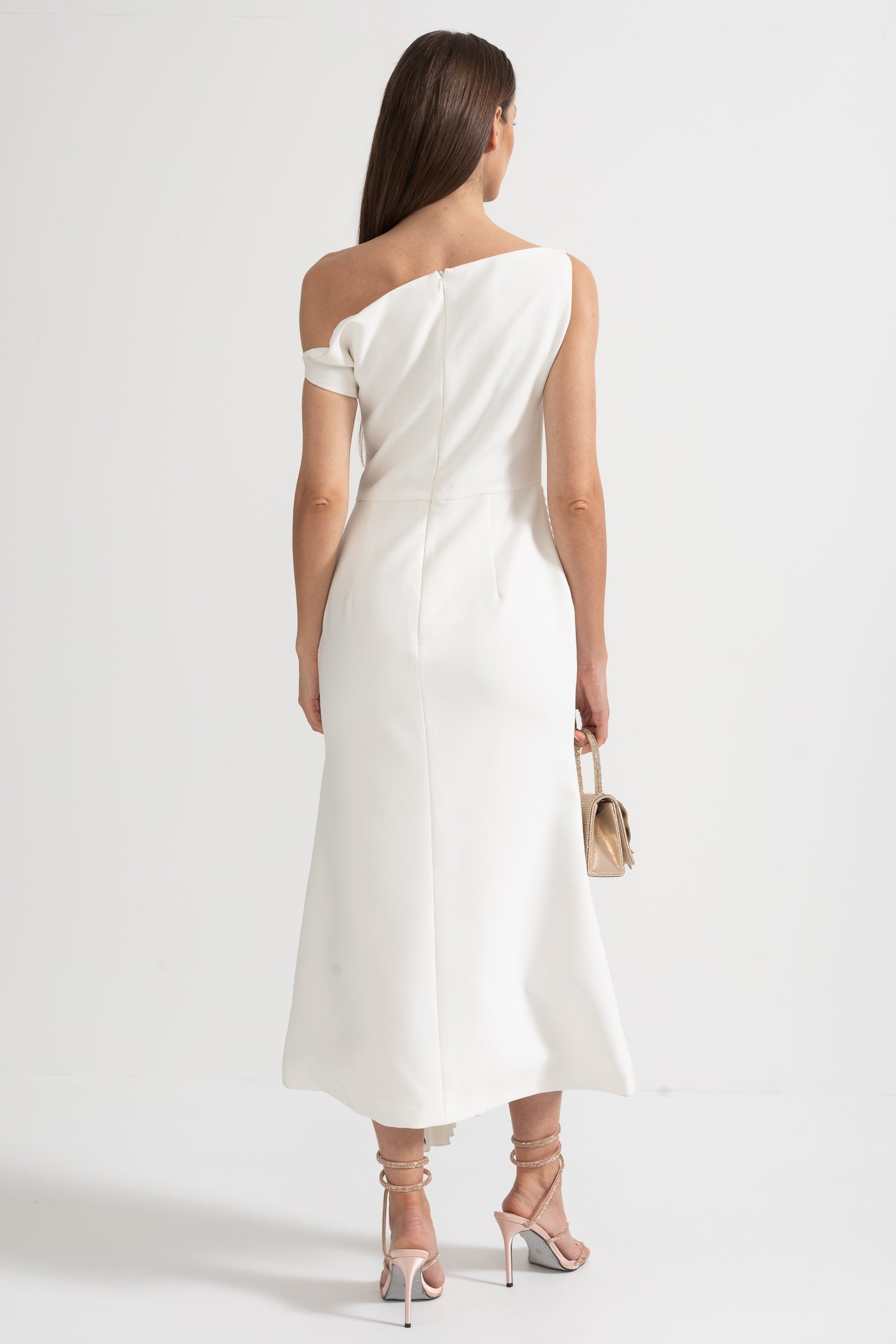 Robe Midi Épaule Dénudée Avec Détail Plissé à la Taille - Blanc